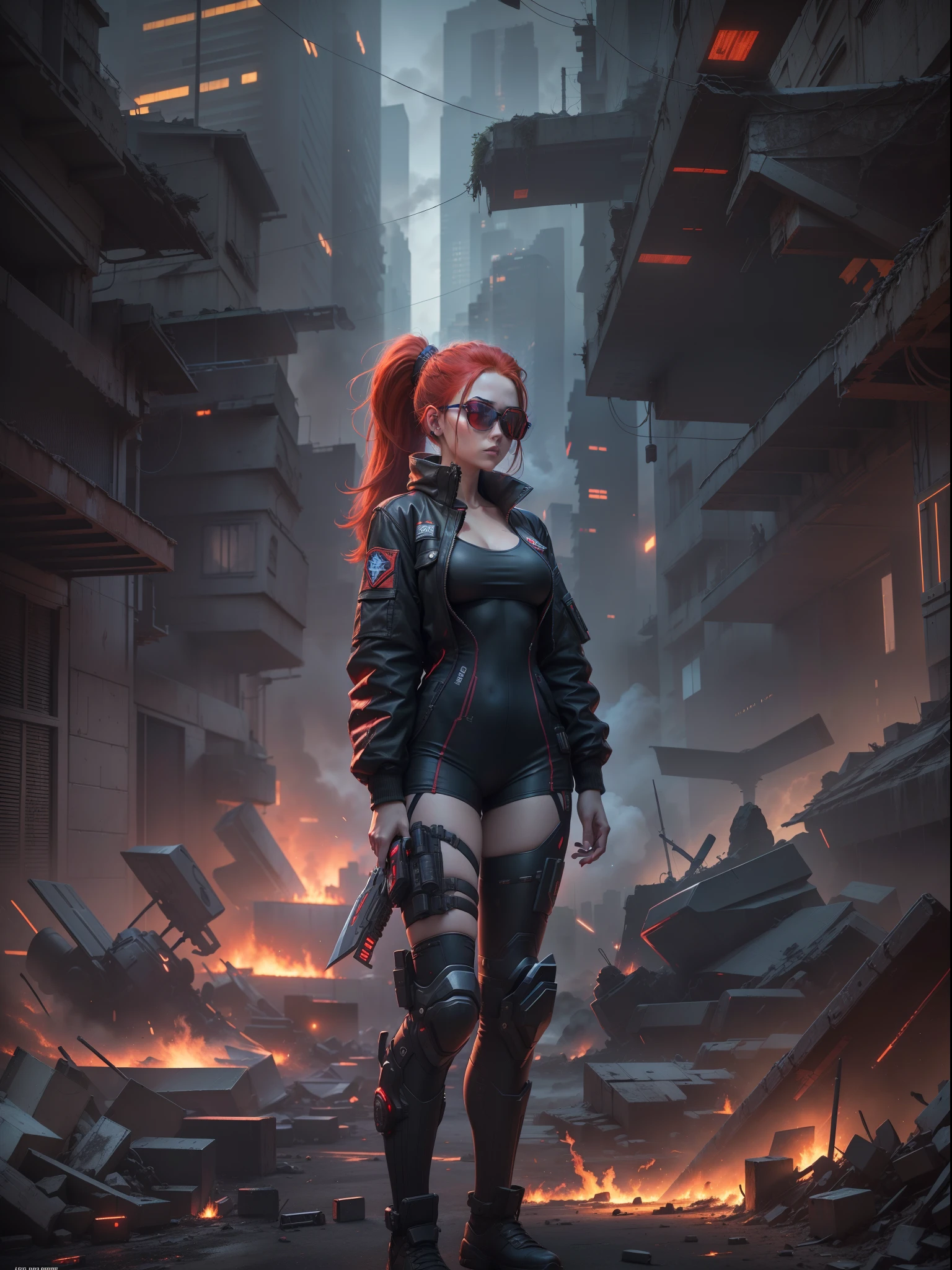a 1girl, 20years old, хмурая, (The appearance of cyberpunk: Red hair gathered in a ponytail, Tactical eyepieces, There are luminous elements on the clothes, Cyber implants, Diode world, Combat black jumpsuit made of kivlar, In the hands of two sharp laser swords), against the backdrop of destruction and corpses of enemies, city   of the future, ultradetail, hyper realisitc, proportionally, Composition in the center, full length, The figure is completely in the frame, Behind the fire and smoke