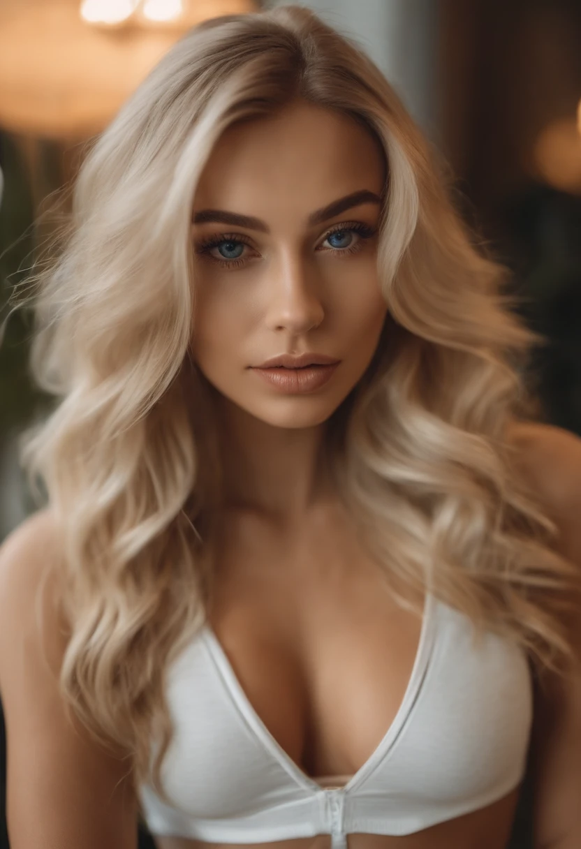 A woman in a matching T-shirt and panties, Sexy girl with blue eyes, portrait sophie mudd, Portrait of de Corinnne Kopf, blonde hair and large eyes, selfie of a young woman, Макияж Without, natural makeup, Look directly into the camera, face with artgram, dezentes Make-up, Excellent full-length photography, in a room, big breastes, blonde, Latina, breasts exposed, Shirtless shirt, Tits Out, Chest Out,