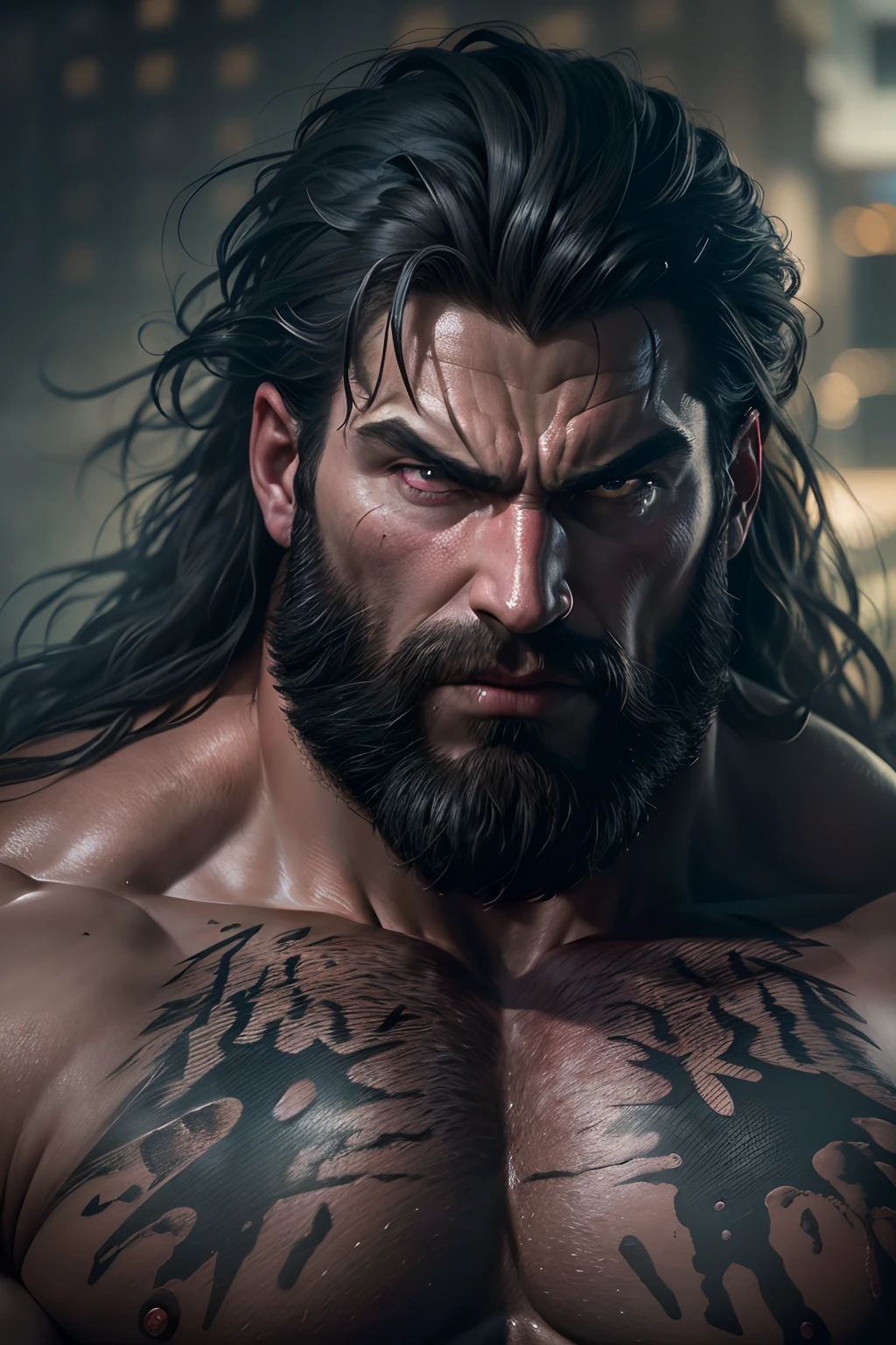 (best quality,4k,8k,highres,masterpiece:1.2),ultra-detailed,(realistic,photorealistic,photo-realistic:1.37),huge muscular man, growing, muscular giant with enormous chest, long black hair and short beard, wearing a torn shirt, flexing his muscles, imposing, with an evil gaze, illustrations, dark and gritty style, vibrant colors, dramatic lighting.
