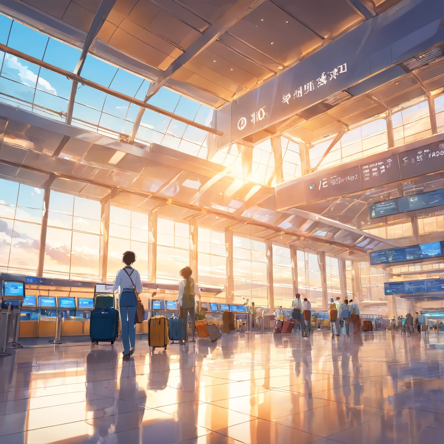 (best quality,8K,masterpiece:1.2),Large panoramic window with a breathtaking view of the planes taking off and landing in the morning at the airport terminal. Sunlight gently filters through the glass, casting a warm and golden glow across the bustling scene. The airport terminal is filled with a sense of anticipation and excitement as travelers prepare for their journeys. Passengers in fashionable attire can be seen with suitcases in hand, eagerly waiting at the check-in counters. Airport staff wearing professional uniforms are diligently assisting passengers and ensuring a smooth travel experience. The architecture of the terminal is sleek and modern, with clean lines and a spacious layout. Colorful digital flight information boards display real-time updates of arrivals and departures. The air inside is filled with a mix of scents, from the aroma of freshly brewed coffee to the subtle fragrance of duty-free perfumes. The atmosphere is vibrant, yet serene, as travelers exchange smiles and laughter, creating a sense of camaraderie. The scene captures the dynamic energy and the anticipation of new adventures that lie ahead. The colors are vivid and the details are ultra-detailed, depicting the airport terminal with stunning clarity. The image portrays a realistic and photorealistic representation of the bustling airport, effortlessly bringing it to life. The lighting is skillfully done, emphasizing the natural sunlight pouring in through the window, while also illuminating the interior spaces with a soft and inviting glow. The overall composition exudes a sense of grandeur and sophistication, immersing the viewer in the world of travel and exploration.