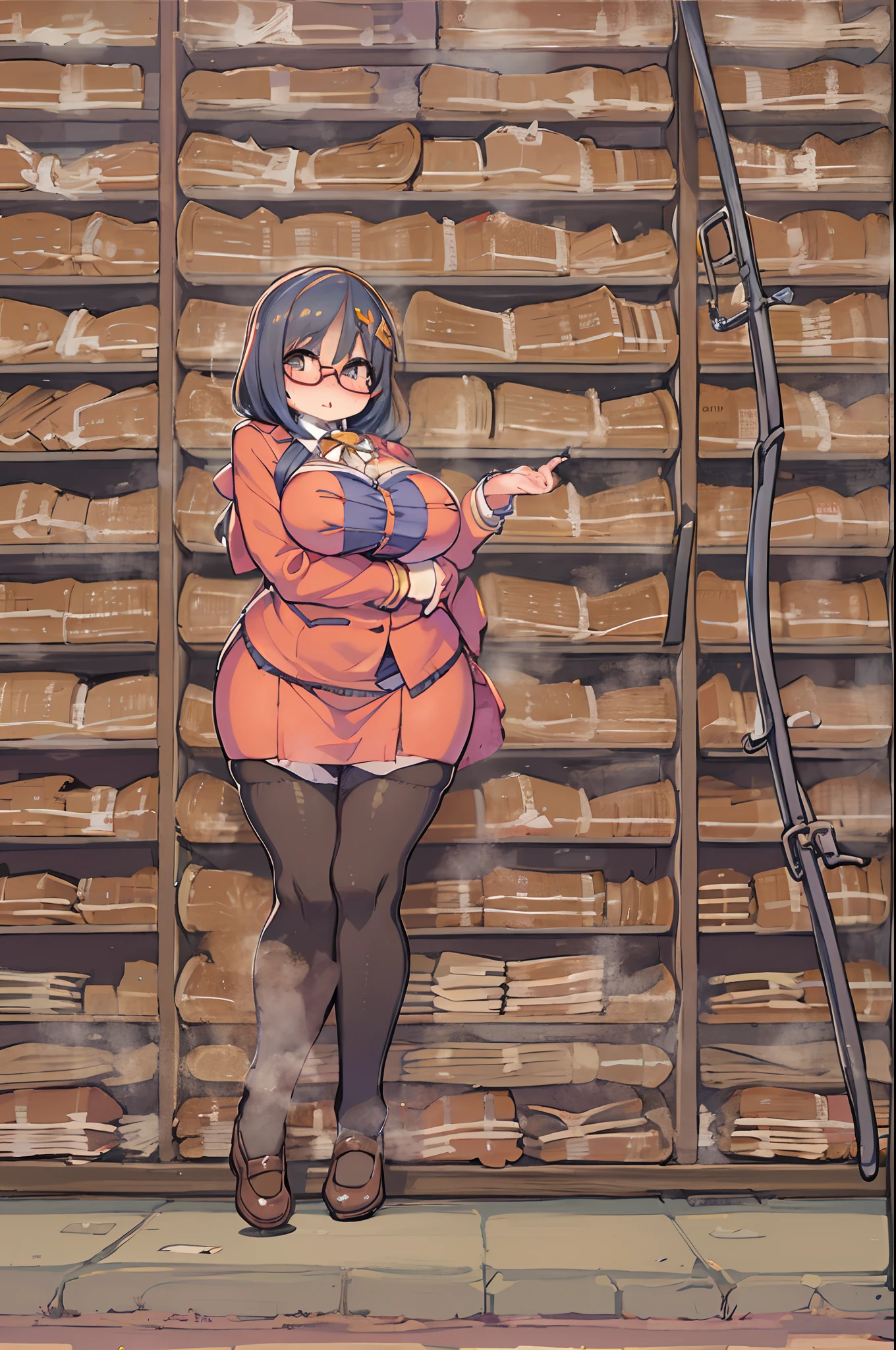 NSFW,Huge library、1 librarian、One Woman、small round glasses、huge-breasted、(((((bbw)))))、pantyshot 、 up skirt、From below、Panchira、big butts