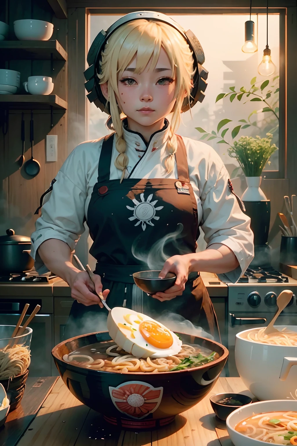 A platting of a bowl of ramen with noodles, broth, and toppings of pork, egg, and seaweed, on table, cinematic, romantic athmosphere, printable --auto