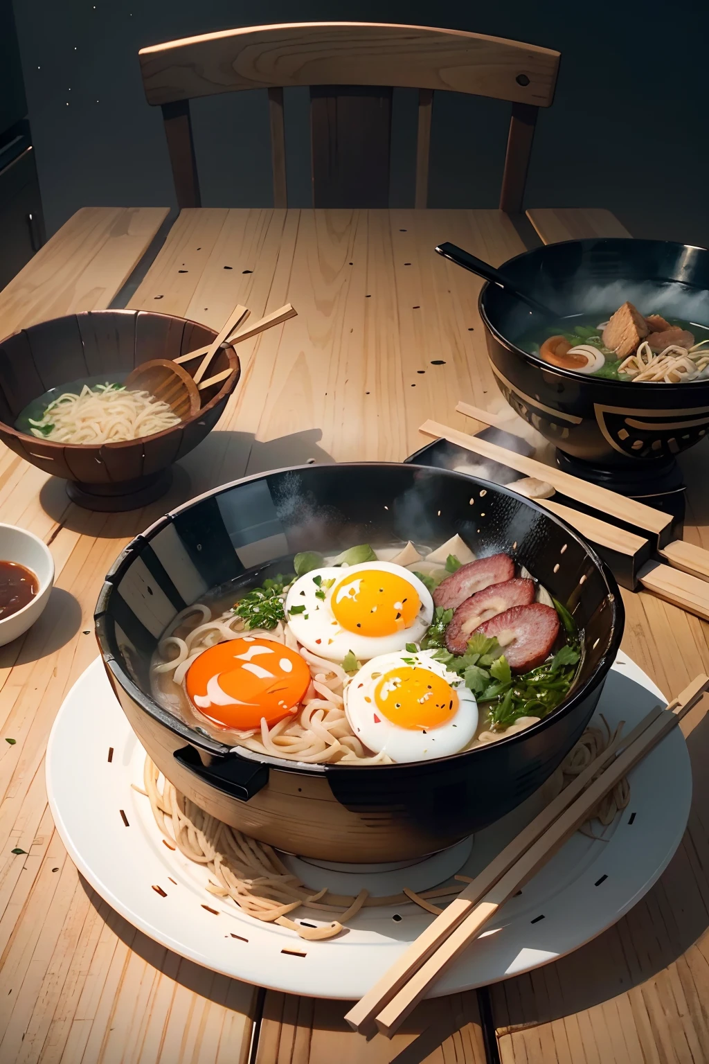 A platting of a bowl of ramen with noodles, broth, and toppings of pork, egg, and seaweed, on table, cinematic, romantic athmosphere, printable --auto