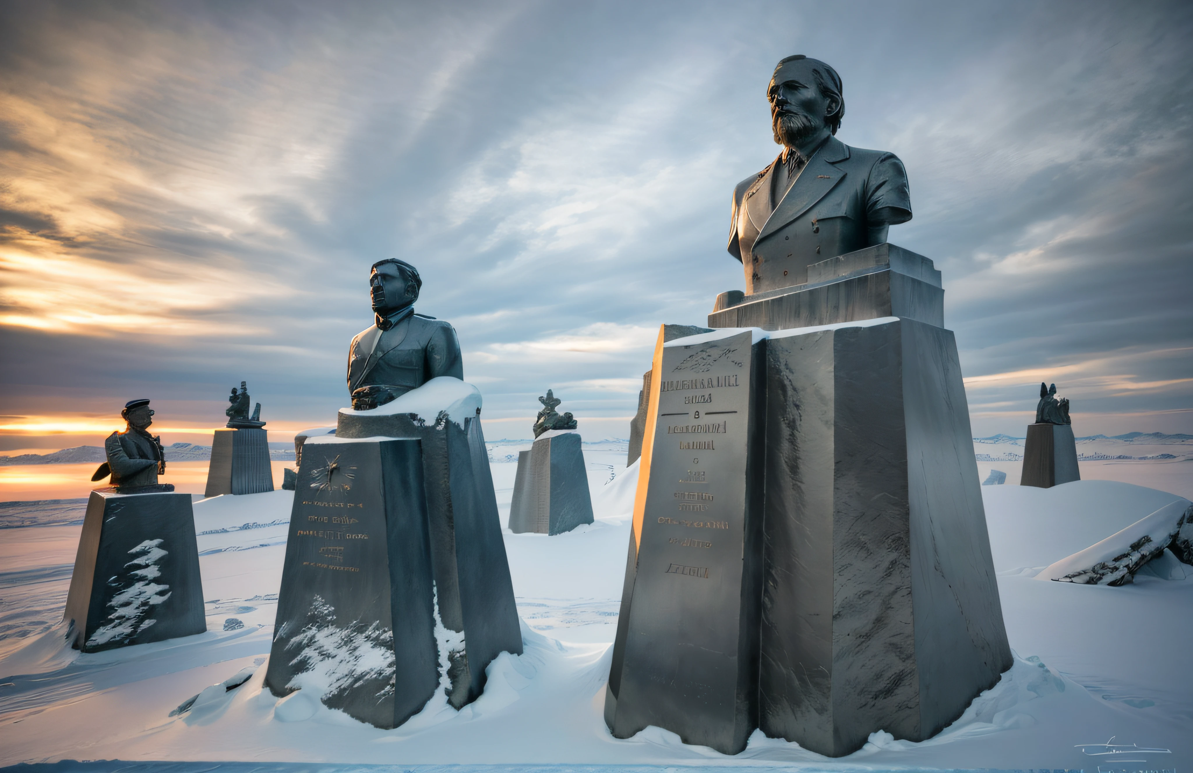 six statues of lenin at the south pole of inaccessibility,bronze sculpture,standing tall,frozen landscape,winter snow,Wind swirling around,remoteness,inhospitable,the monument of solitude,isolated location,unforgiving climate,massive statue,monumental presence,ominous aura,majestic,imposing,soviet symbolism,crisp blue sky,subtle lighting,icy windswept surrounds,frigid temperature,detail-captured sculpture,subtle patina on the bronze,sharp angles in the design,facial features crisply defined,contrasting shadows and highlights,grandeur and melancholy blend,contrasts of warmth and coldness,breathtaking sight,monolithic structure,indomitable spirit,living history,remnants of a bygone era,legacy of the past. (best quality,4k,8k,highres,masterpiece:1.2),ultra-detailed,(realistic,photorealistic,photo-realistic:1.37),HDR,UHD,studio lighting,ultra-fine painting,sharp focus,physically-based rendering,extreme detail description,professional,vivid colors,bokeh,portraits,landscape