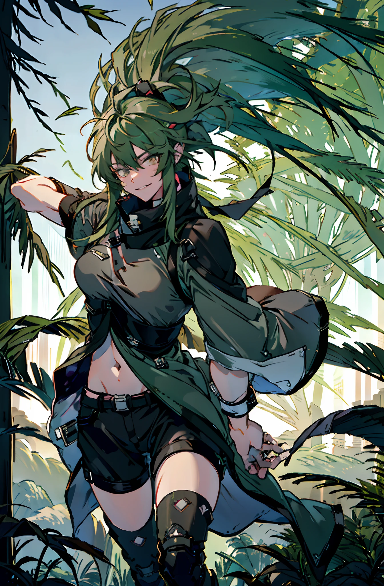 Pure sky，mechanical leg，Black mechanical legs，Plump legs，Green gem setting，Anime girl standing gracefully on the ground，Black cape and green hair, rogue anime girl, Anime girl standing, Wearing a cloak on the blasted plain, asuka suit under clothes!, Cyborg girl, badass posture, mechanic punk outfit, anime styled 3d, render of a cute 3d anime girl, gapmoe yandere grimdark, Female character，musculature，Abs，Glowing green eyes，Black hair with green gradient，short detailed hair，Bunched hair，Dull hair，（Muscle 2.0），Tomboyish，Be red in the face，looking at viewert，Elaborate Eyes，Black mechanical legs，huge tit，1.5，ssmile，Openwork black silk，Straight big breasts，strappy，Black openwork hot pants，White bandeau，Toothless smile，Lower breast，Mechanical wind，There are no cities，Side breasts，Excitation，Top crotch，Sexy lower abdomen，Camel toes，Big Green Knife，Sexy underarms