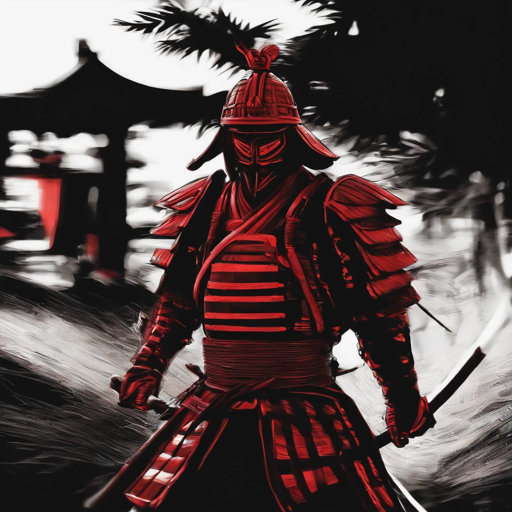 Metallic red and black samurai, marker, graphic lines, black background