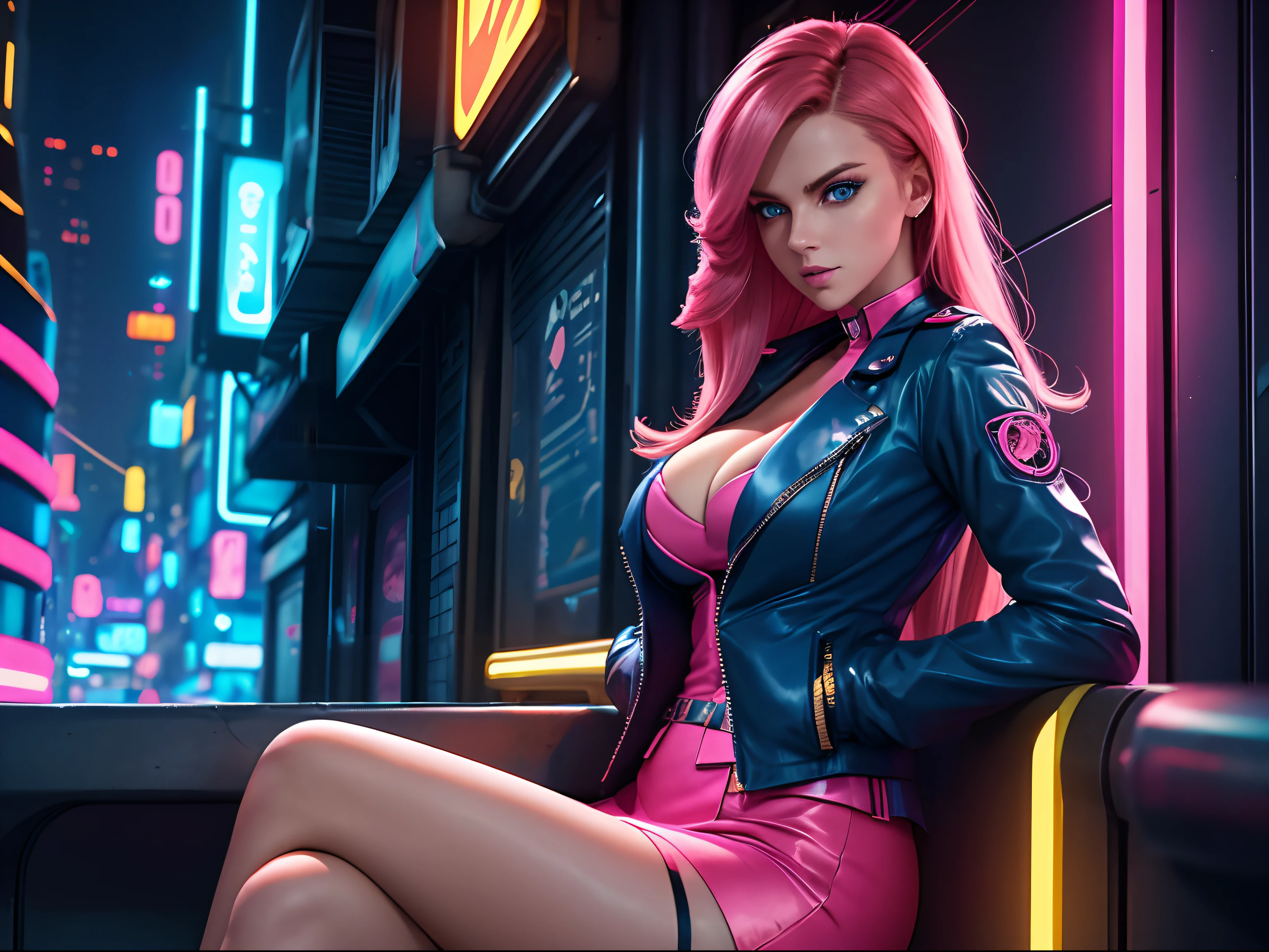 A sexy flight attendant in a futuristic city, yellow mini skirt, dark blue jacket, big blue eyes, red and pink long hair, perfect cleavage, neon city lights, sensual pose leaning on a wall, background Cyberpunk city alley. Crossed arms above her head, crossed legs, looking at the camera