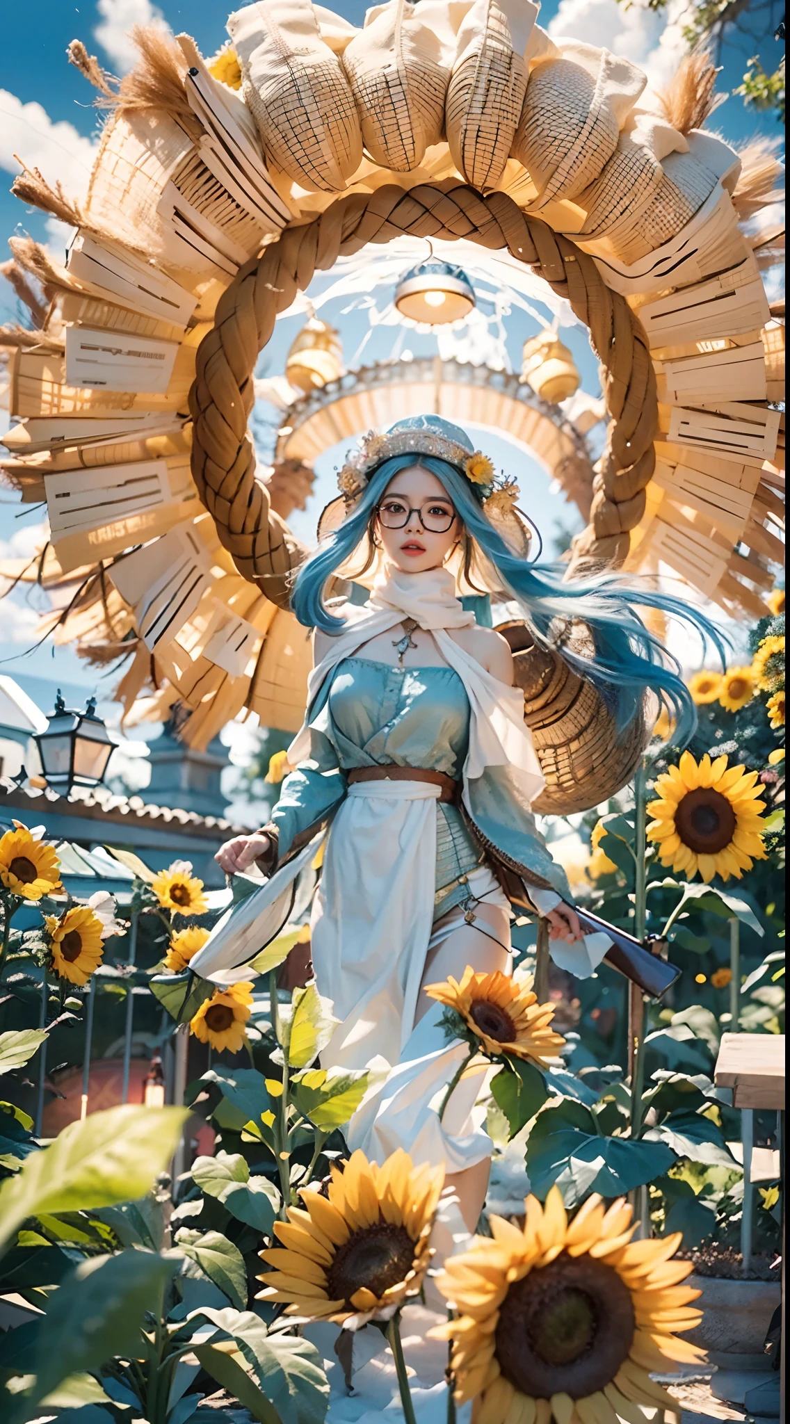 On a very spectacular scene,The extra-large wide-angle lens captures the appearance of female centaurs。She is a sunflower worship nun,Always against(Knitted sunflower puppet 9.9)DOA。She is tall,It has the ultimate curvaceous beauty,The muscles are slender and strong,Beautiful lines。She has(Oversized sky blue eyes:99.99)、been(Wear sexy glasses:6.66)、(She wears a stately nun costume:9.9)、Step on the heel of a boot-style skyscraper、A pink cross hangs from his chest。Using Midjourney's advanced tools,Designed for female centaurs(一个针织太阳花布偶并在花盘中心创造一张超级治愈的emoji😊笑脸:99.99),and noble and solemn nun costumes,and highlight her unique physical characteristics and facial details,Add realism。Against the backdrop of her prayers and listening to confessions,Spectacular natural landscape,For example, the sky alternates between storms and sunny days、Starry rivers and auroras、Snow-capped Mount Everest、Yamashiro fireworks, etc。ao mesmo tempo,Away from the hustle and bustle next to the church,Create dream scenes。Use advanced tools and multiple color palettes halfway、Brush strokes、Texture tools and model packages,It shows a sense of atmosphere where beauty and charm coexist。The charm of female centaurs is highlighted by colors and lines,Enhance realism with details,Create a surreal dreamy feeling。Additionally,Use the tools halfway through to add various exorcism props and books to female centaurs、pergaminhos,Create complex hairstyles and outfits,Give her a sense of premium。She never flinched,No matter what monster you encounter,Can respond quickly,Even the most extreme natural disasters and monster armies could not stop her and her front lines(Sunflower with Tyndall effect that emits sunlight 9.99)。Use Midjourney's powerful tools,You can do this with incredible detail and beauty,Bring this super-grand and beautiful scene to life。A grand spectacle,super wide shot, hdr,(真实感,Masterpiece quality,best qualtiy),