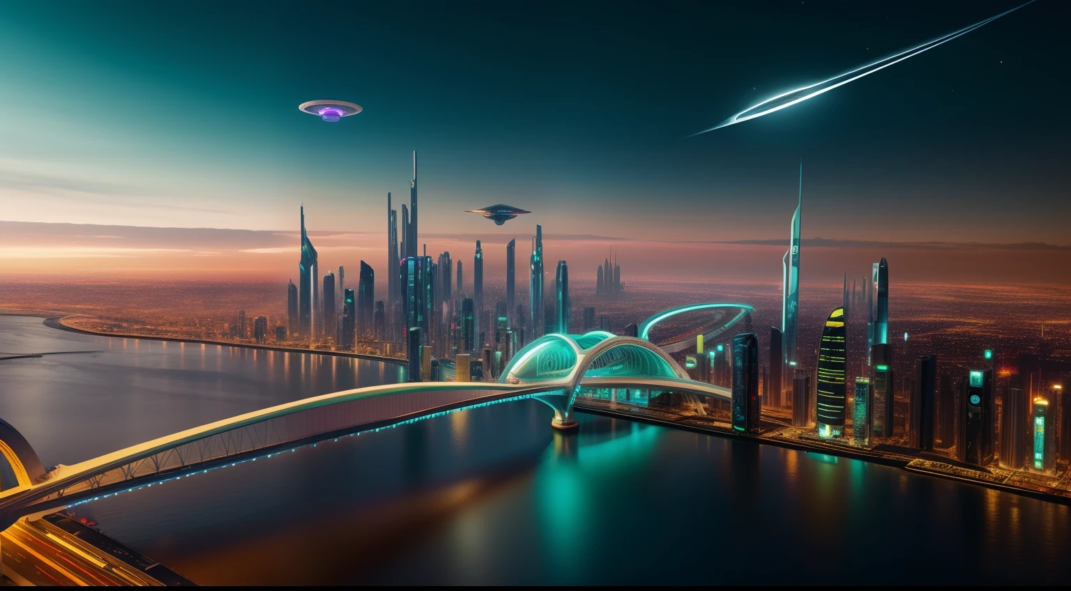 Cidade futuristica，Floating bubbles and bridges in between, Beautiful city of the future, in fantasy sci - fi city, hyper-futuristic city, Science fiction city, alien futuristic city, cyberpunk dreamscape, otherwordly futuristic city, futuristic alien city, Futuristic city, human futuristic city, alien city, in a futuristic city, sci fi city, futuristic cyberpunk city