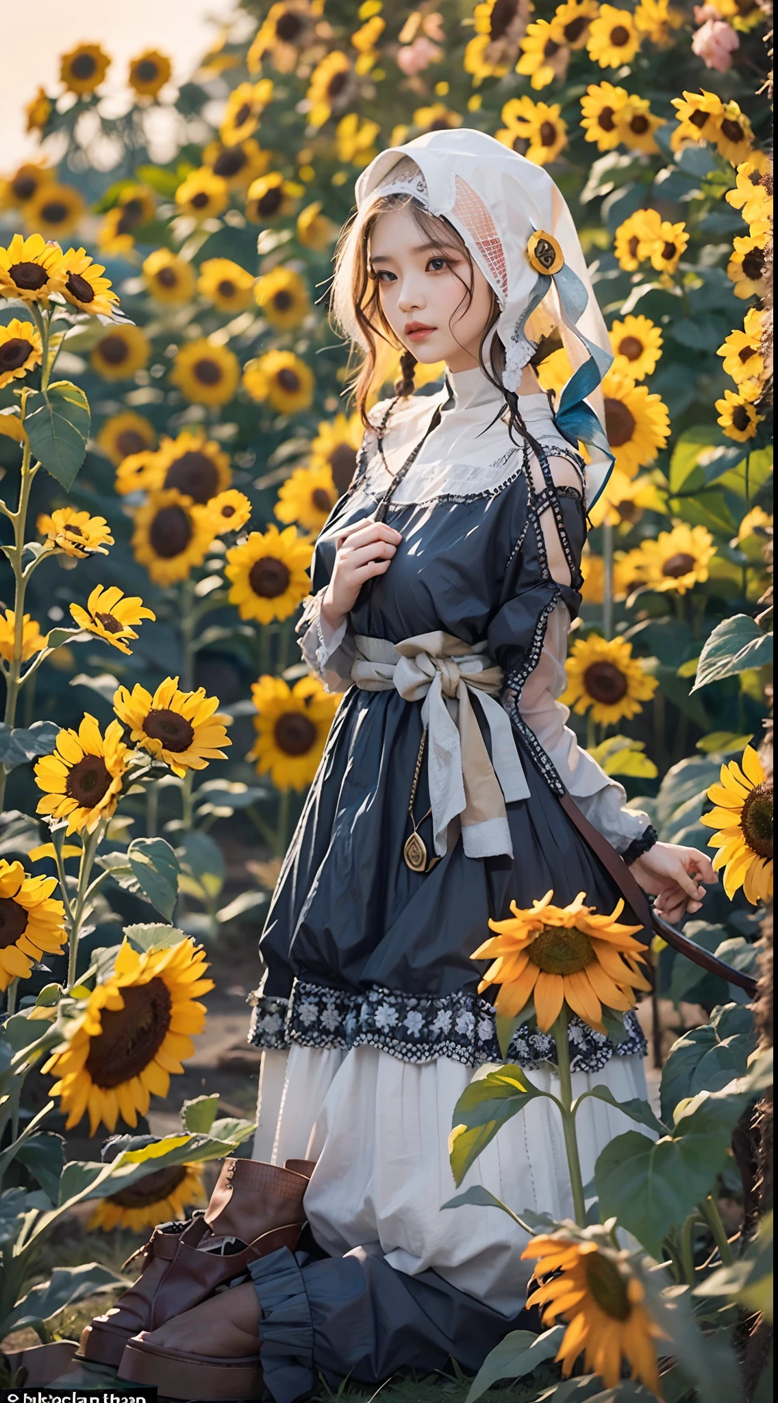 On a very spectacular scene，The extra-large wide-angle lens captures the appearance of female centaurs。She is a sunflower worship nun，Always against（Knitted sunflower puppet 9.9）DOA。She is tall，It has the ultimate curvaceous beauty，The muscles are slender and strong，Beautiful lines。She has（Oversized sky blue eyes：99.99）、been（Wear sexy glasses：6.66）、（She wears a stately nun costume：9.9）、Step on the heel of a boot-style skyscraper、A pink cross hangs from his chest。Using Midjourney's advanced tools，Designed for female centaurs（一个针织太阳花布偶并在花盘中心创造一张超级治愈的emoji😊笑脸：99.99），and noble and solemn nun costumes，and highlight her unique physical characteristics and facial details，Add realism。Against the backdrop of her prayers and listening to confessions，Spectacular natural landscape，For example, the sky alternates between storms and sunny days、Starry rivers and auroras、Snow-capped Mount Everest、Yamashiro fireworks, etc。ao mesmo tempo，Away from the hustle and bustle next to the church，Create dream scenes。Use advanced tools and multiple color palettes halfway、Brush strokes、Texture tools and model packages，It shows a sense of atmosphere where beauty and charm coexist。The charm of female centaurs is highlighted by colors and lines，Enhance realism with details，Create a surreal dreamy feeling。Additionally，Use the tools halfway through to add various exorcism props and books to female centaurs、pergaminhos，Create complex hairstyles and outfits，Give her a sense of premium。She never flinched，No matter what monster you encounter，Can respond quickly，Even the most extreme natural disasters and monster armies could not stop her and her front lines（Sunflower with Tyndall effect that emits sunlight 9.99）。Use Midjourney's powerful tools，You can do this with incredible detail and beauty，Bring this super-grand and beautiful scene to life。A grand spectacle，super wide shot， hdr，（真实感，Masterpiece quality，best qualtiy），