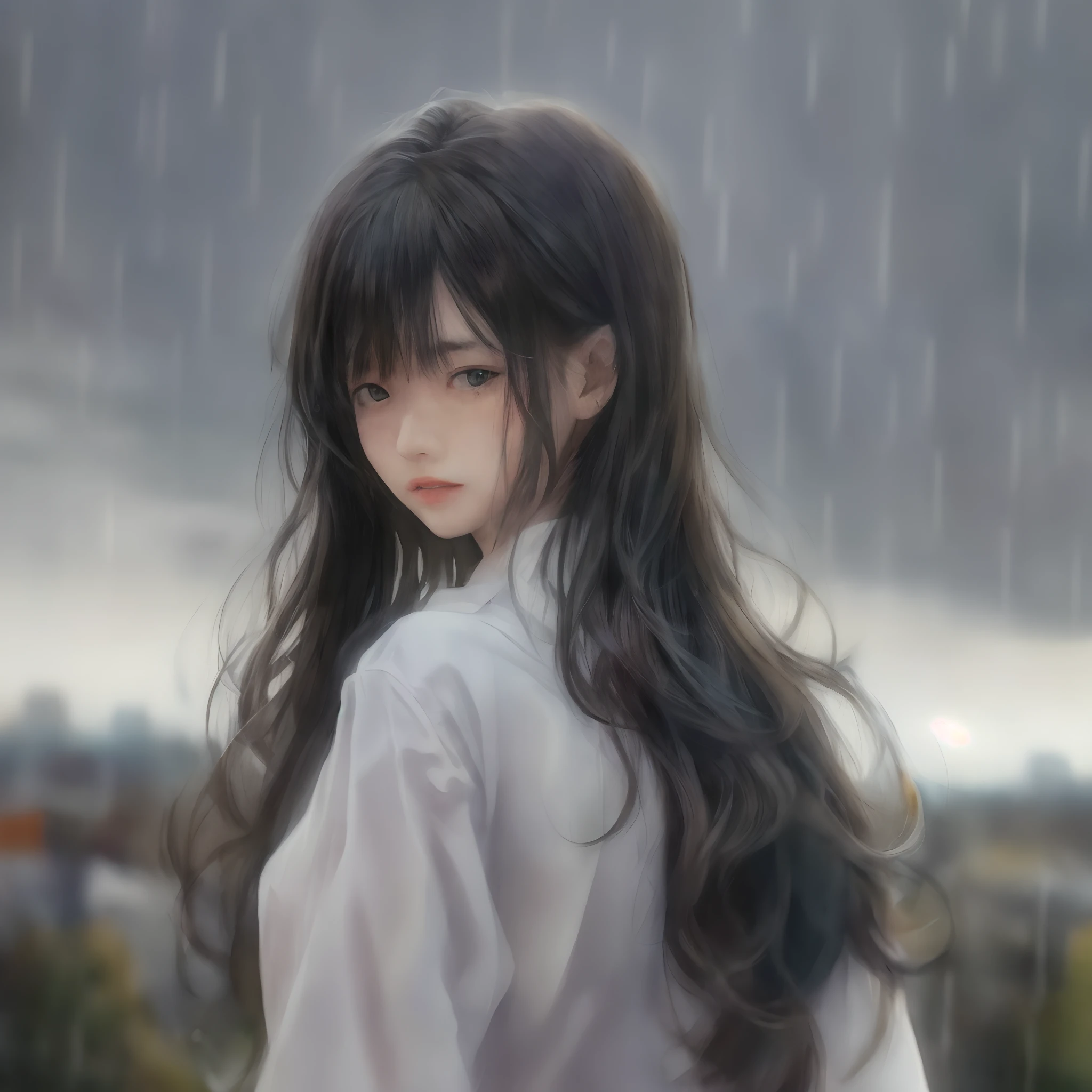 (Masterpiece, Real: 1.4), (Very Complex: 1.2), Portrait, (Upper Body: 1.2), (Front: 1.3), in a white shirt and suit (orthodox), very long and smooth black hair, chest, sky, feeling like whispering good morning to the viewer with a hand, Japan about 25 years old, head tilted, wind, clouds, outdoor, rain, 1 girl, solo, ultra high definition, 8K UHD, Film Grain, Perfect Anatomy, Exquisitely Detailed Skin, Best Shadows, Delicate, RAW, High Resolution, Clean Line