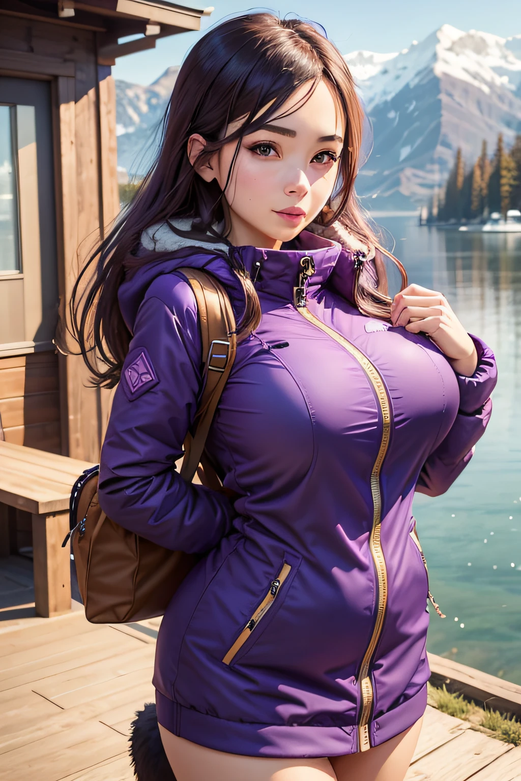 Make a woman with big breast, purple long winterjacket , with open zipper, with face, body, Lakeside house, travel bag, dog Nude