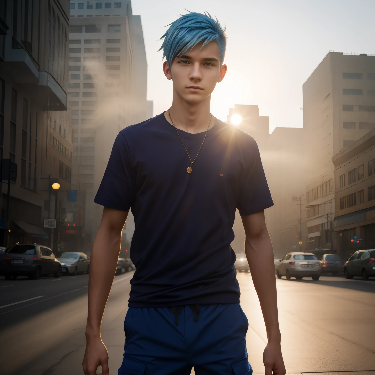 Teen male posing, skinny body, city, atmospheric, cute masculine square face, blue white hair, dead inside, brown shirt, cargo pants, dense fog, blur, bokeh, sun rays