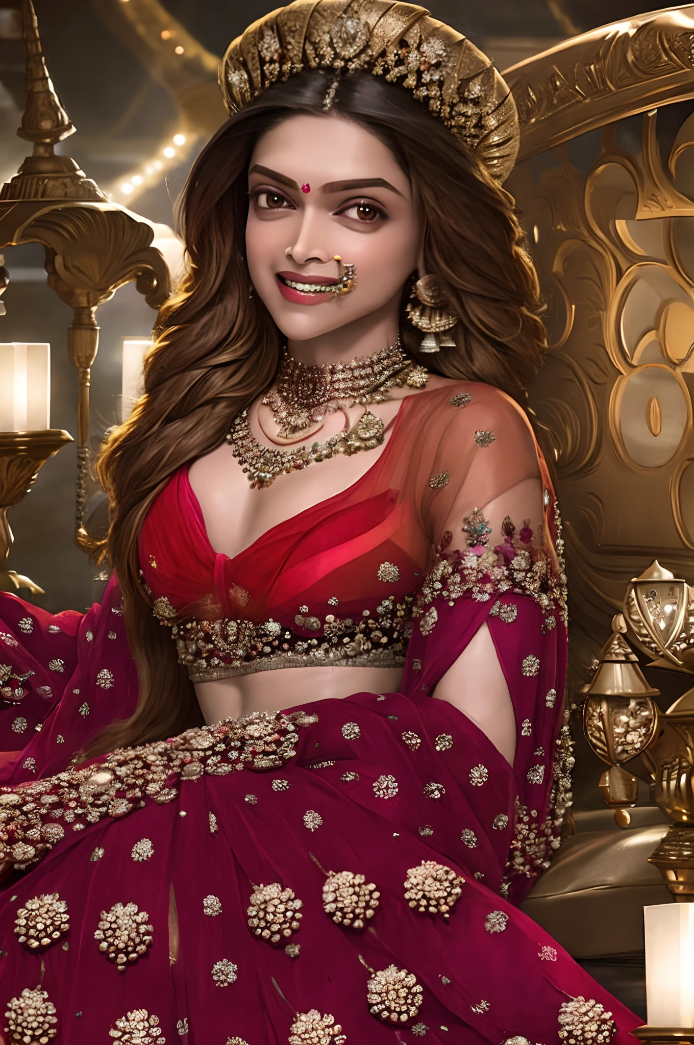 Indian actress Deepika Padukone wearing a vibrant saree lying in bed seductively, smiling