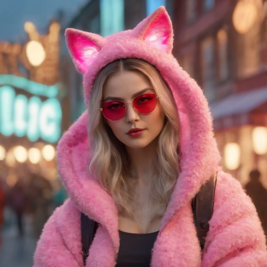 In a whimsical kawaii cafe, Kitten Fluffy, crafted from highly detailed curling, thin glowing multi-colored smoke, dons a rose flower hoodie and fancy funny stylish giant shiny sunglasses. Against a backdrop of vibrant neon typography spelling VIKUSIA, FAINOHO DNIA, capture its enchantment in a digital art masterpiece. Incorporate volumetric 3D rendering, Octane render, and vibrant graffiti elements to create a fantasy illustration that showcases its fashion-forward style. Make it pop with a poster-worthy 3D render that embraces the essence of this captivating character ((stunningly tantalizing view)). 3D, highly detailed, sharp focus, 8K, ultra quality, UHD, crystal clear, bokeh. Black magic Pocket Cinema Camera 6K Pro with Sigma 18-35mm f/1.8 DC HSM Art lens Canon EOS 5D Mark IV camera with a Canon EF 24-70mm f/2.8L II USM lens --ar 9:16 --v 5.2 --s 750, architecture, vibrant, wildlife photography, portrait photography, fashion, cinematic, typography, 3d render, poster, photo