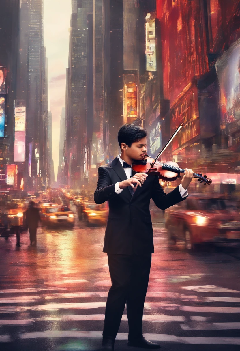 playing violin in the middle of a street, new york times square, elegant beauty ,