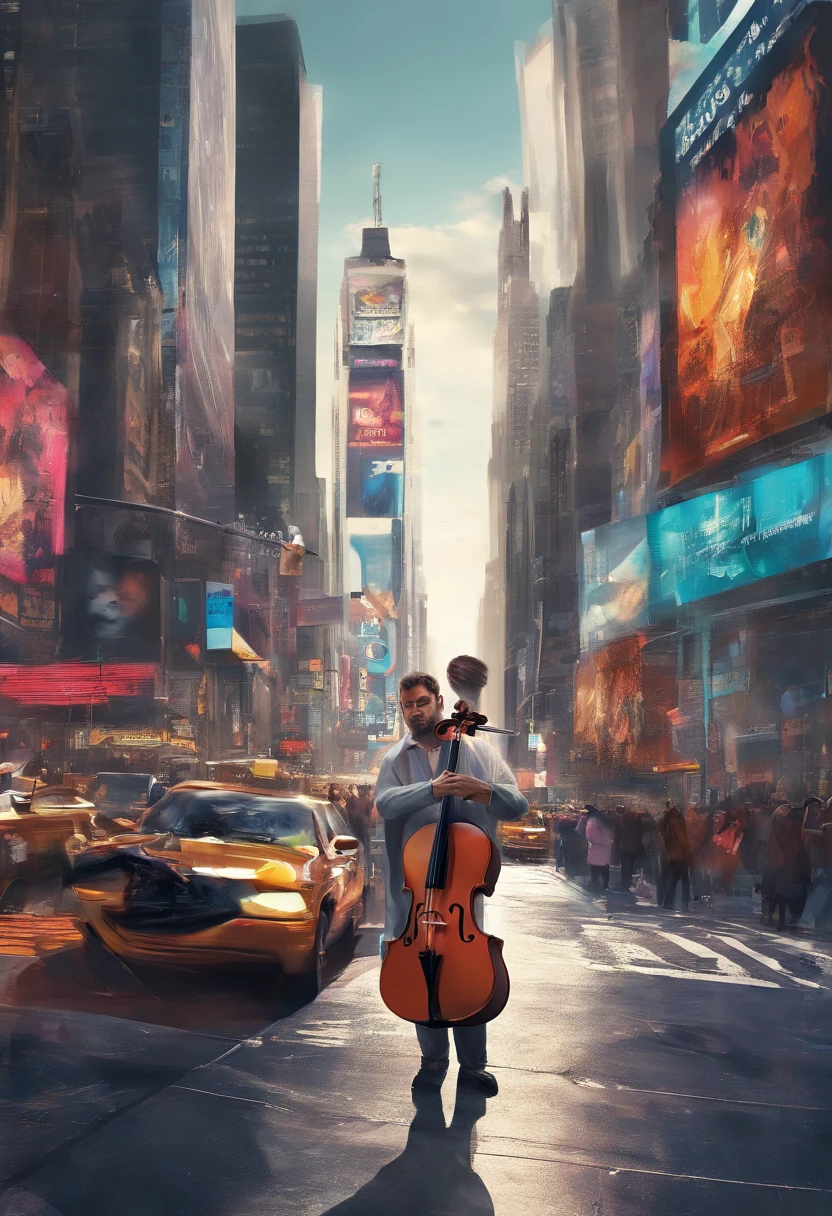 playing violin in the middle of a street, new york times square, elegant beauty ,