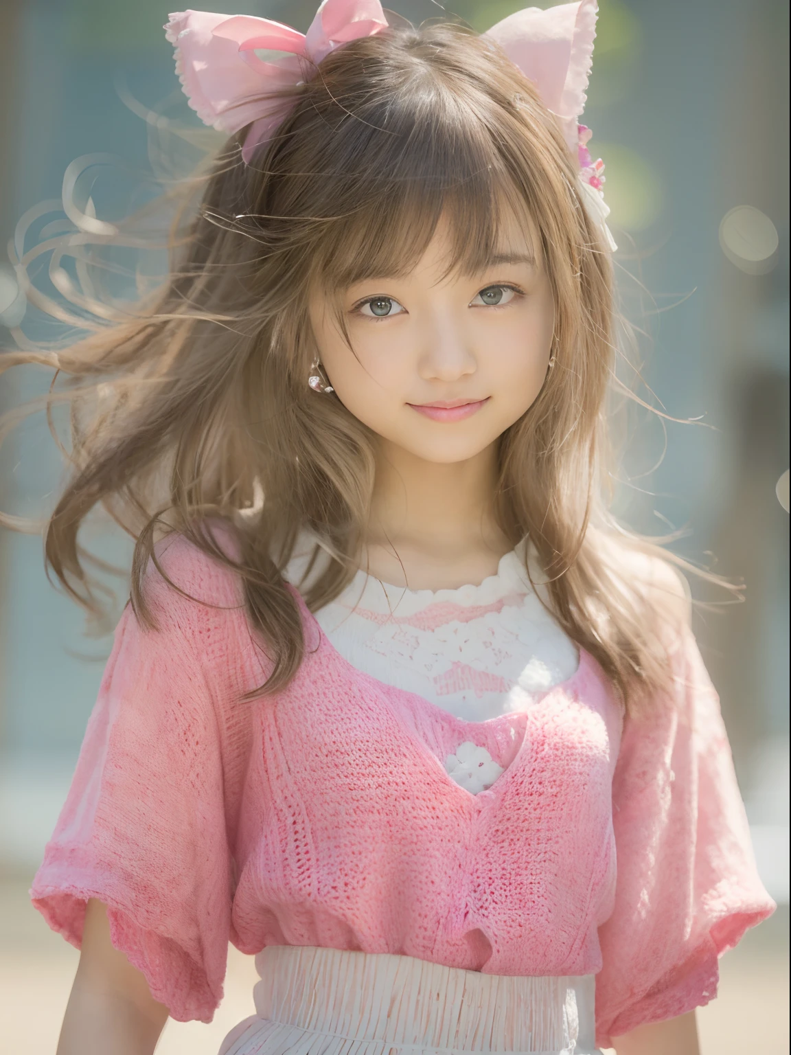 (8K, top-quality, masterpiece:1.2), (realisitic, Photorealsitic:1.37), ultra-detailliert, One girl,cute little, 独奏,Beautiful detailed sky,date,(Nasal blush),(A smile:1.15),(a closed mouth)tiny chest、beatiful detailed eyes、(length hair: 1.2)、Floating Hair NovaFrogStyle、The upper part of the body、Tank Tops、An 18-year-old woman、Happy smile