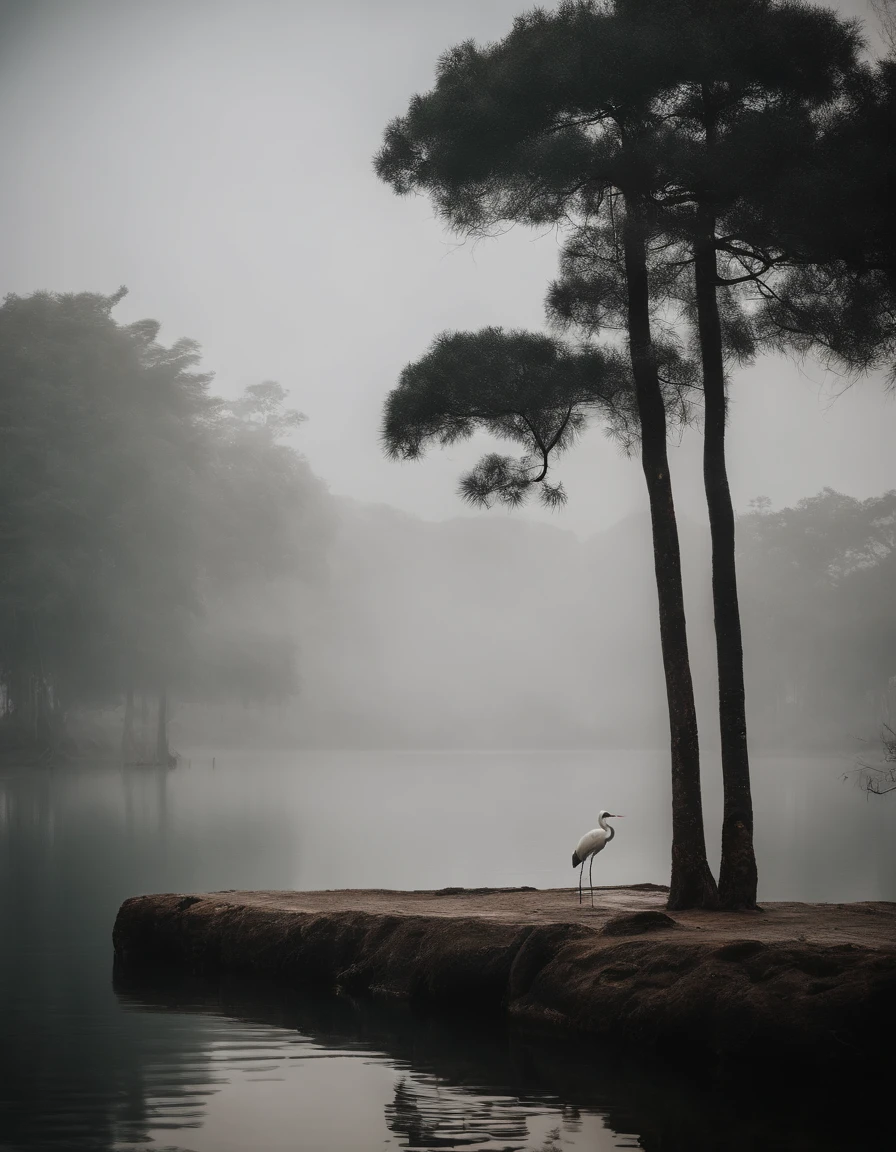 Lake surface,pines,banyan tree,inverted image,Fog,A white crane stands on the left side,Heads-up,Photographic works,high detal