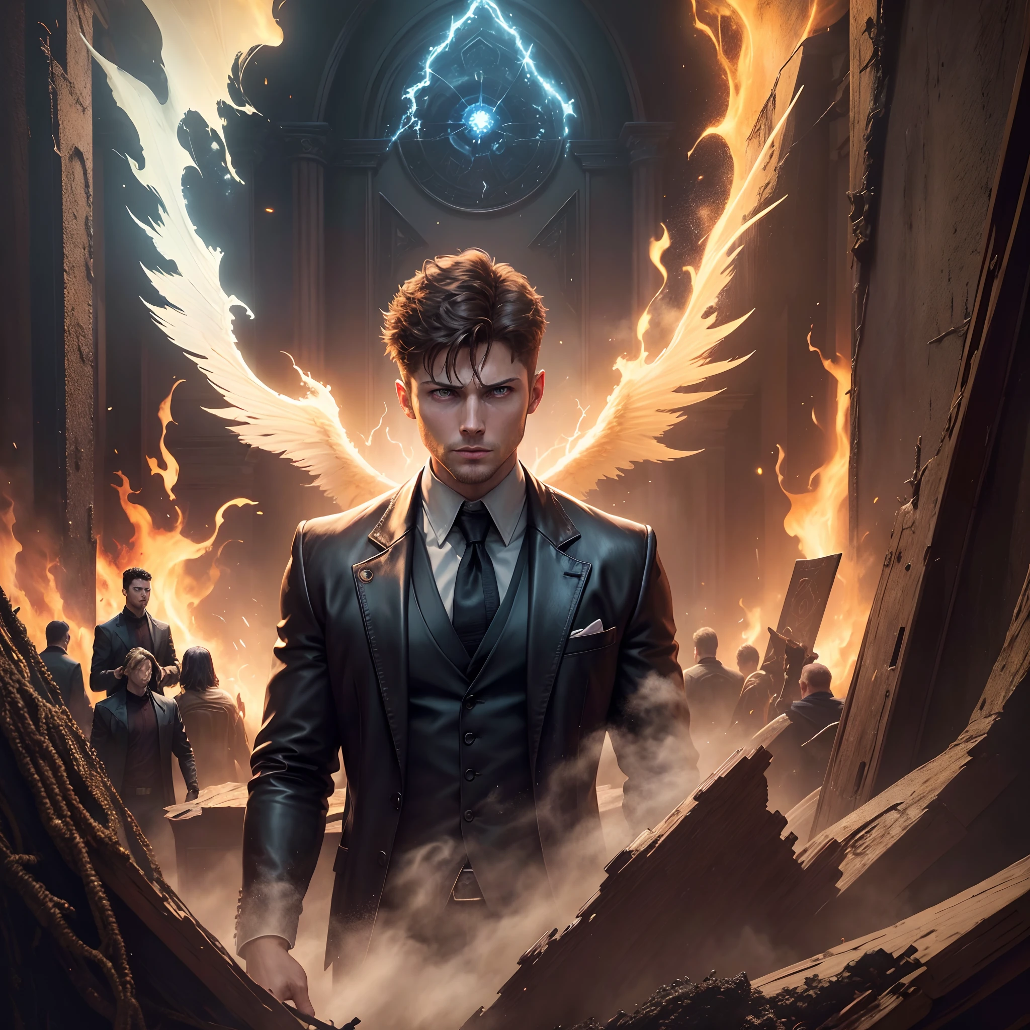 (Sci-fi fantasy), (Masterpiece), (horror) (professional oil painting) (best quality), (8k resolution), Supernatural TV series, Winchester, Dean Winchester, Jensen Ackles, Sam Winchester, Jared Padalecki, Castiel, The angel, Misha Collins, amazing poster photo, Demons, focous on face features, Angels, Arc angels
