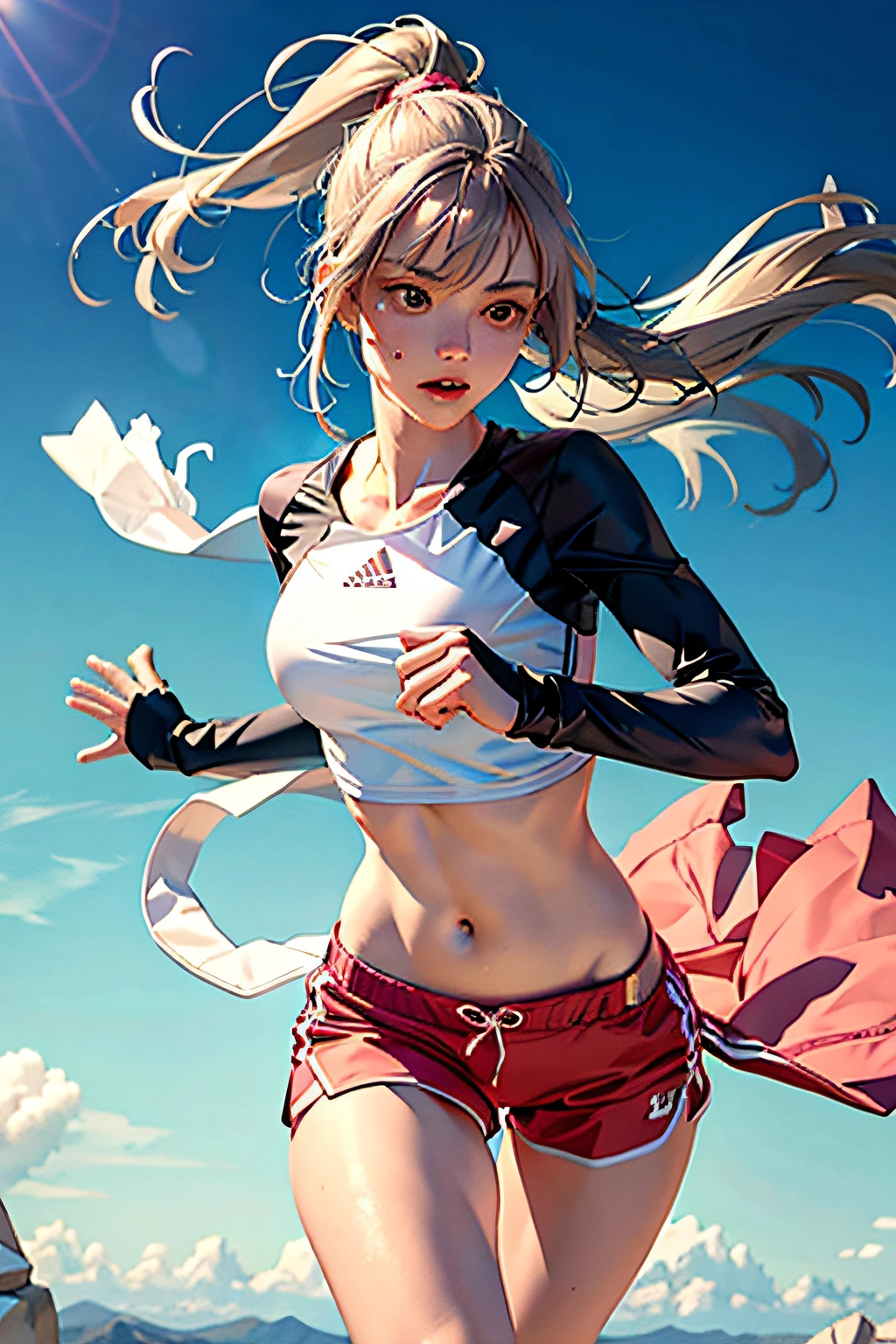1 girl, solo, running, Gray Track Top, pink shorts, ponytail, athletic build, dynamic brushstrokes, fluid movement, capturing the essence of her athleticism and energy, using light colors and soft tones to create a dreamy and ethereal atmosphere, portraying the motion and grace of running, showing the wind blowing her ponytail and clothes, and the scenery of her surroundings.

outdoors, detailed background, Modern metropolis,