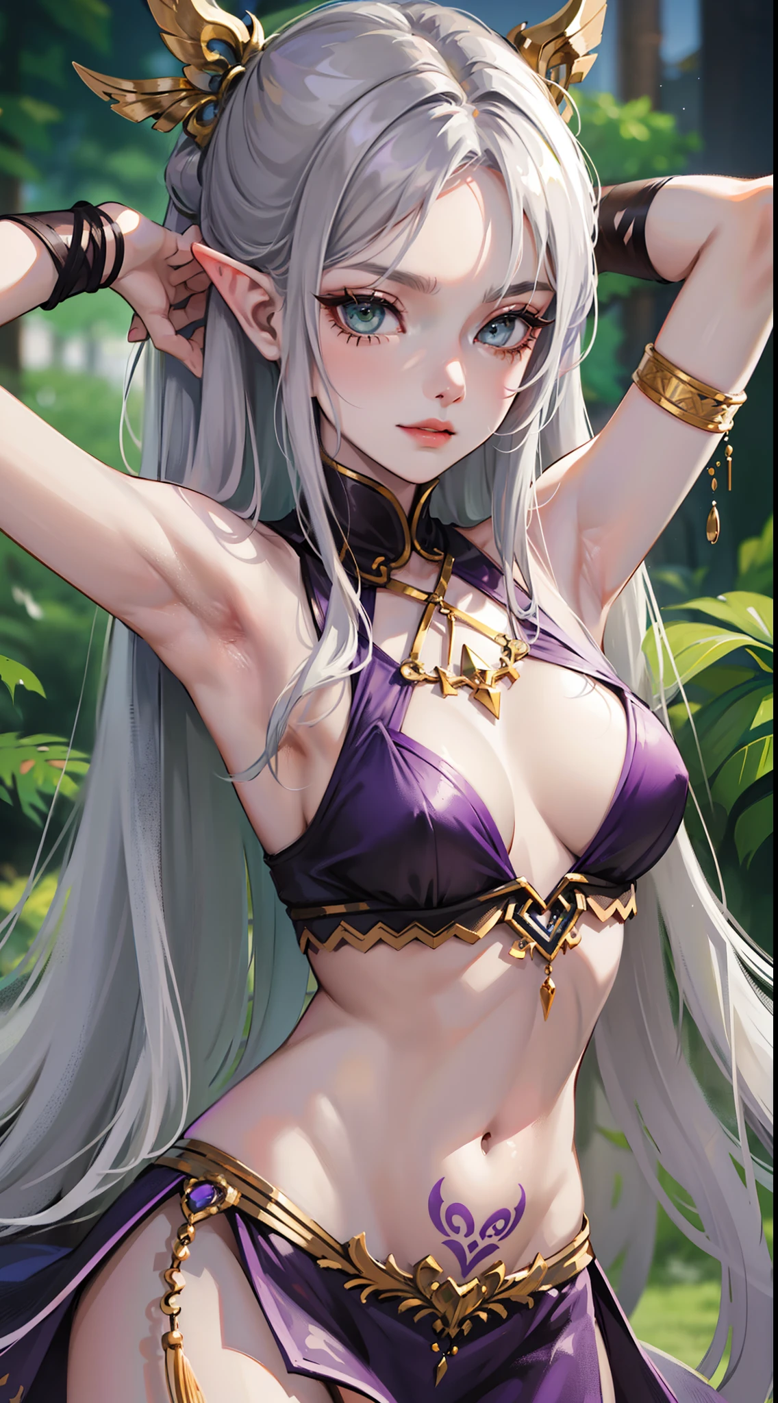 young girl, long gray hair, elf ears, Green eyes, smirk, tattoo, purple dress, Gold Elements, Sexy, Sleeveless, open breasts, flat chest, open belly, feet shoulder-width apart, hands behind head, Masterpiece, hiquality, 4k, HD, Good detail