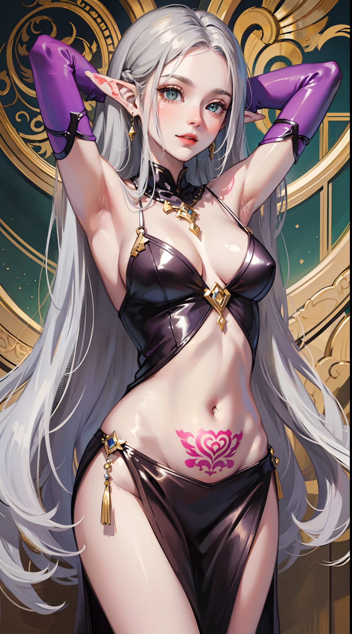 young girl, long gray hair, elf ears, Green eyes, smirk, tattoo, purple dress, Gold Elements, Sexy, Sleeveless, open breasts, flat chest, open belly, feet shoulder-width apart, hands behind head, Masterpiece, hiquality, 4k, HD, Good detail