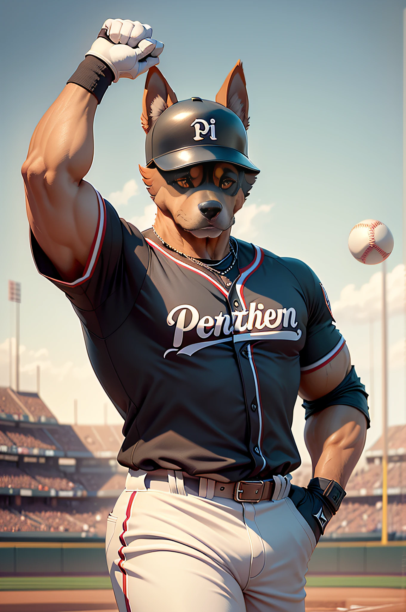 C4tt4stic, Cartoon Doberman dog of baseball player hitting in baseball uniform(The specifics of the appearance of Doberman dogs)