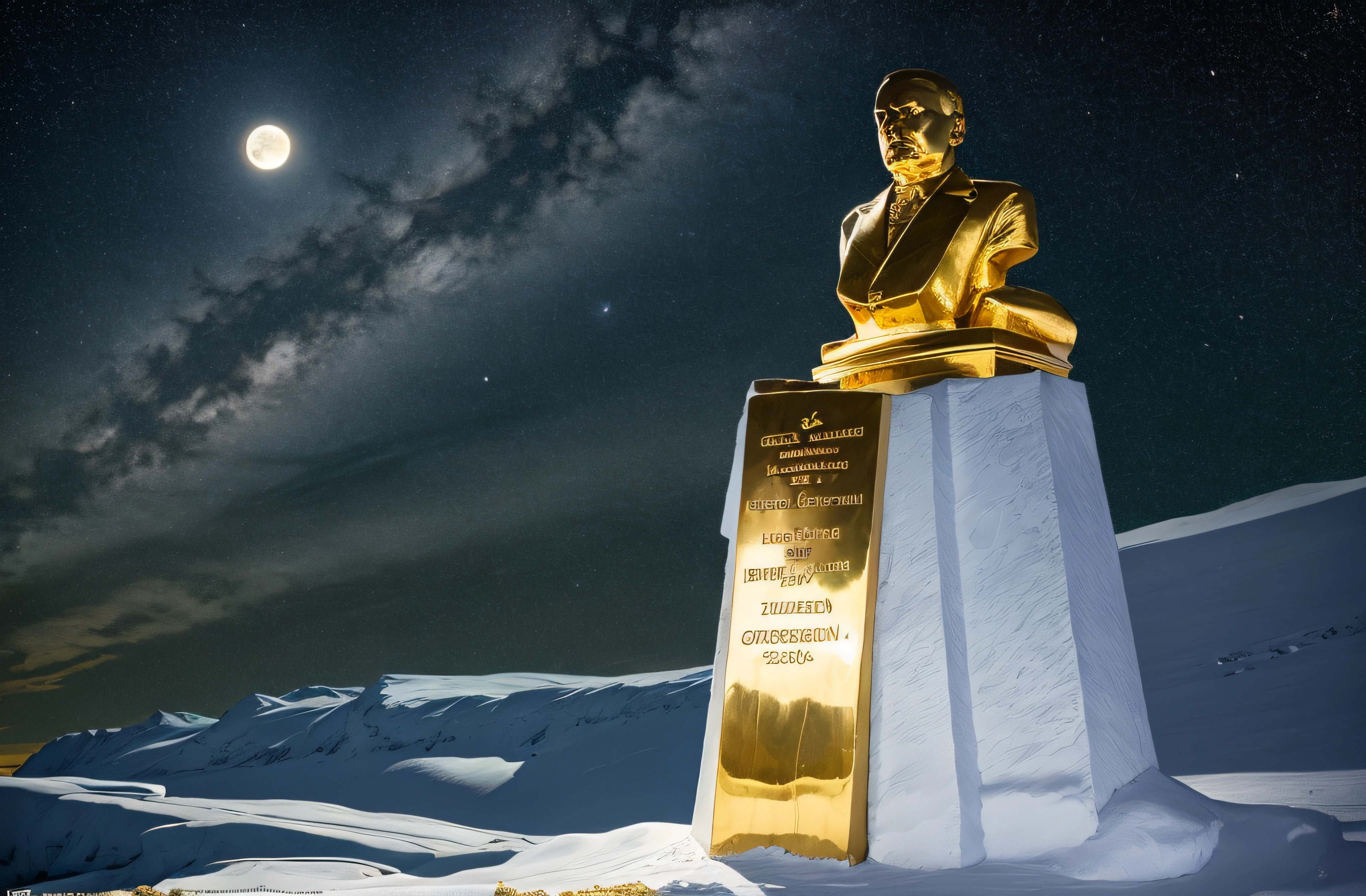 lenin's statue made of solid 24 carat gold, glistening in the polar moonlight
