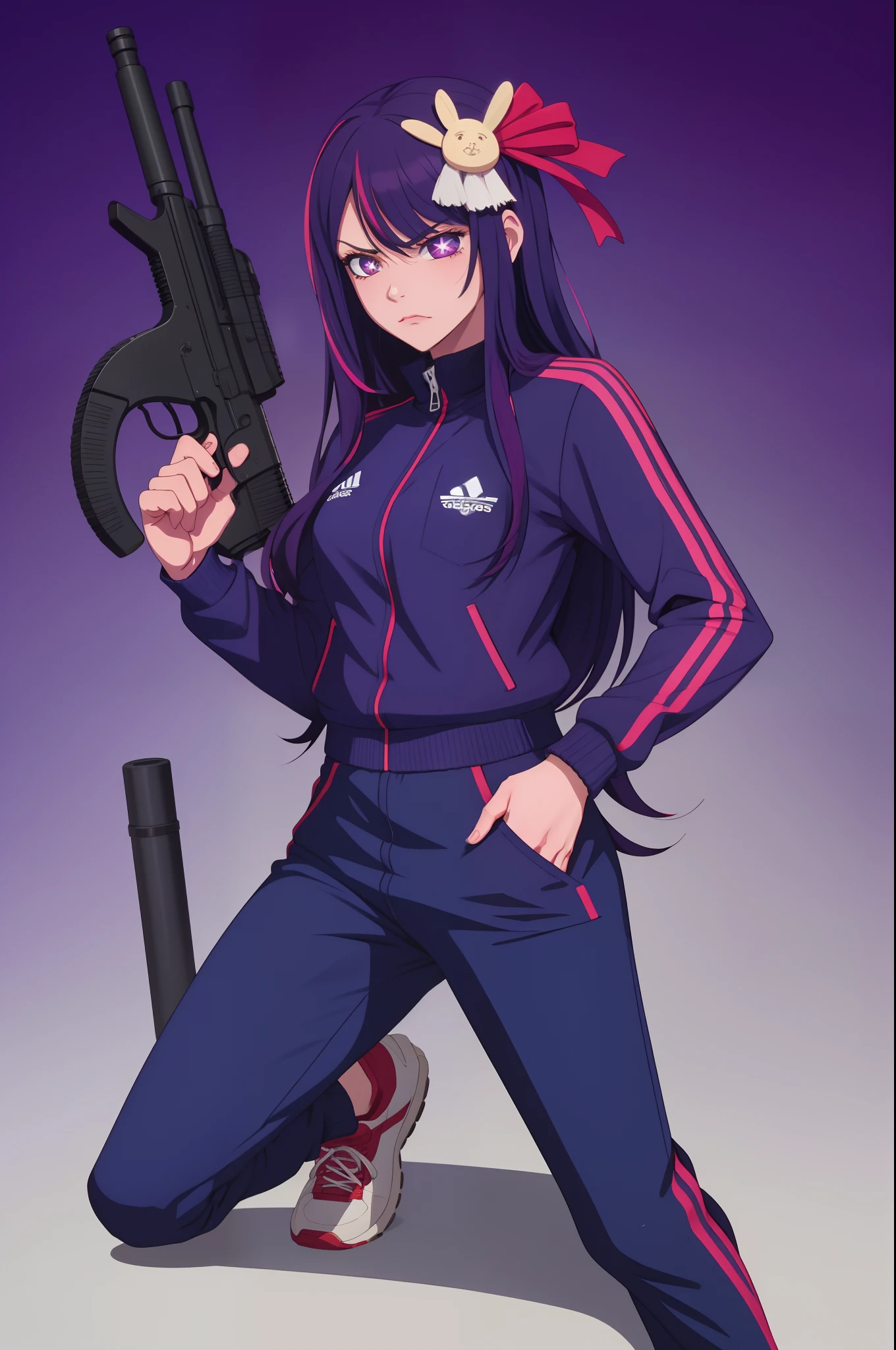 a very confidant badass arrogant cocky boss bitch attitude Hoshino Ai, long hair, purple hair, streaked hair ,purple eyes, star-shaped pupils, hair ornament, wearing adidas tracksuit slav squatting with both of her hands in her pants pockets with a mean face with holding an ak47