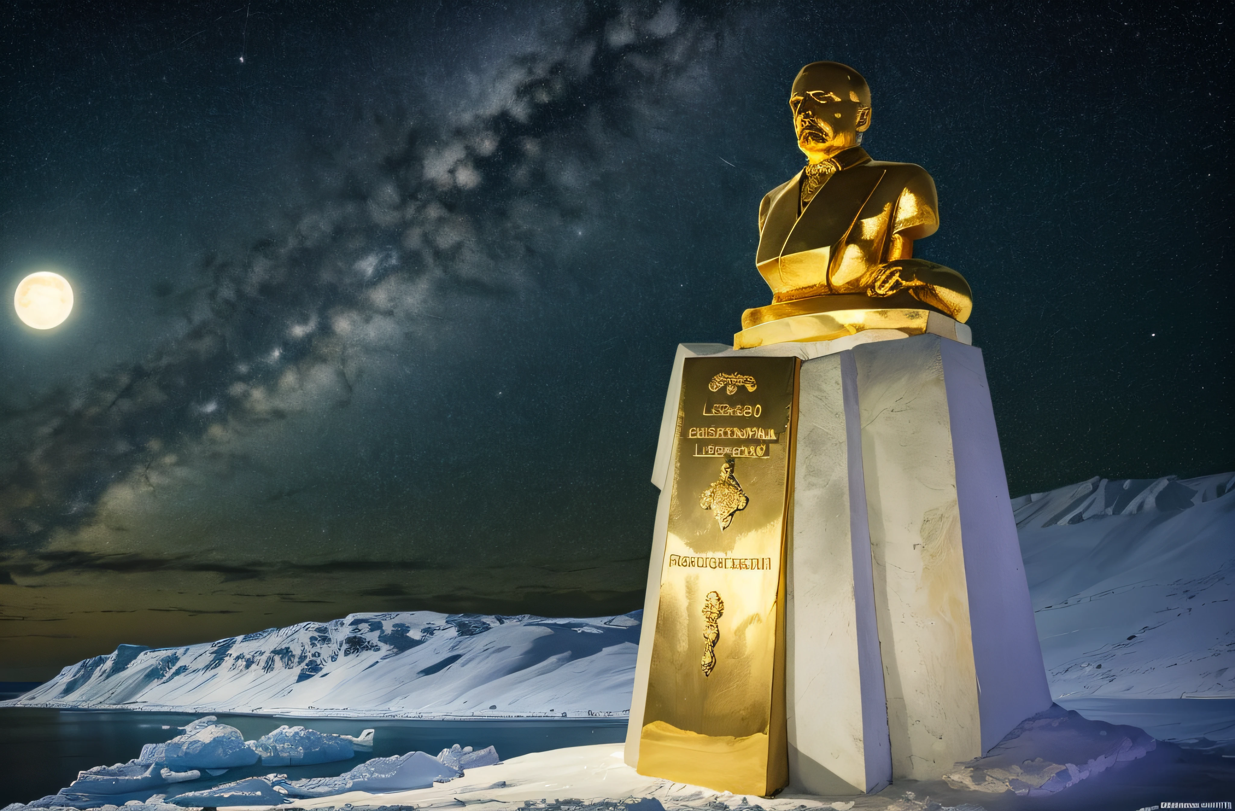 lenin's statue made of solid 24 carat gold, glistening in the polar moonlight