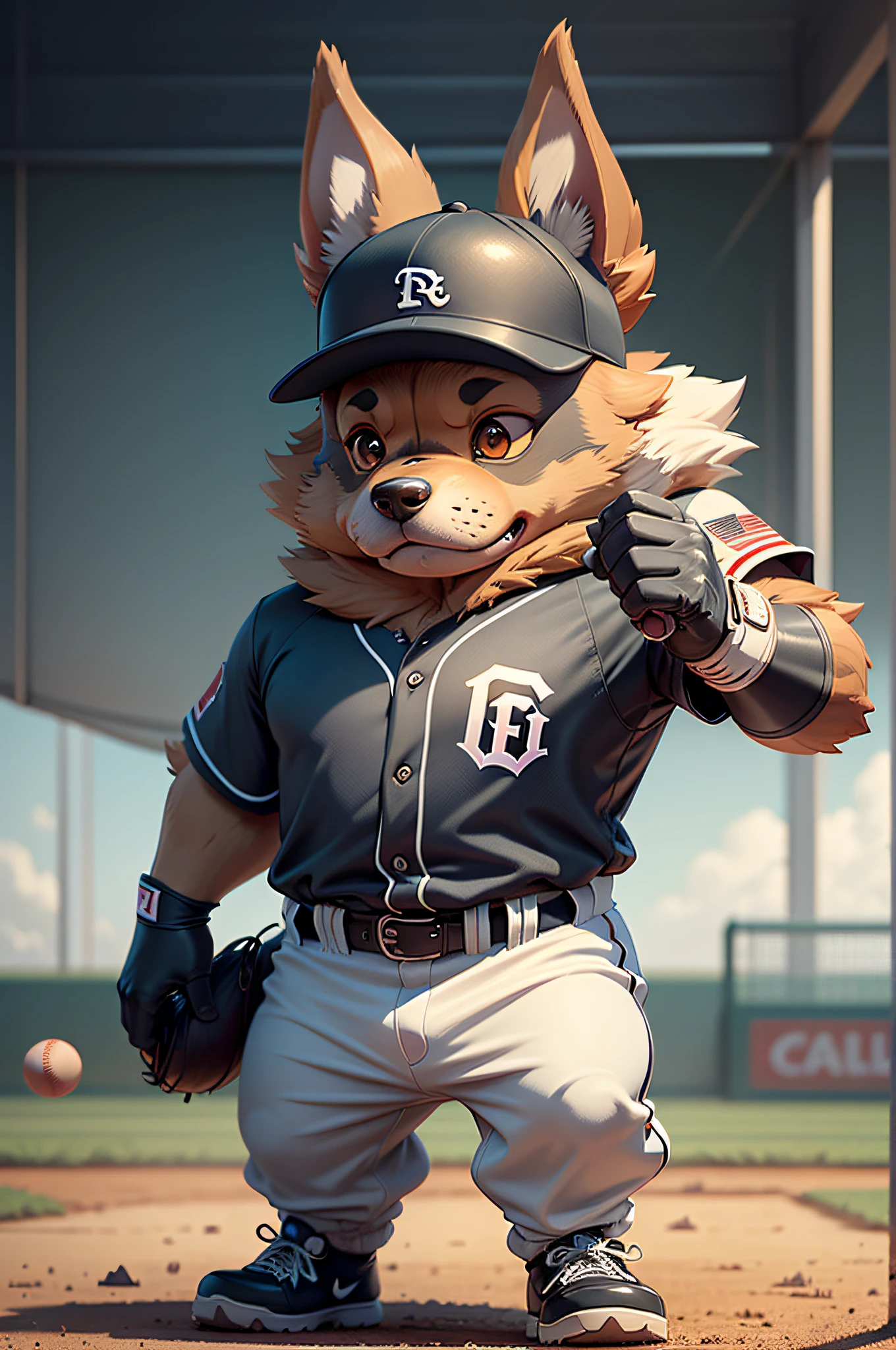 C4tt4stic, Cartoon Doberman dog of baseball player hitting in baseball uniform(The specifics of the appearance of Doberman dogs)