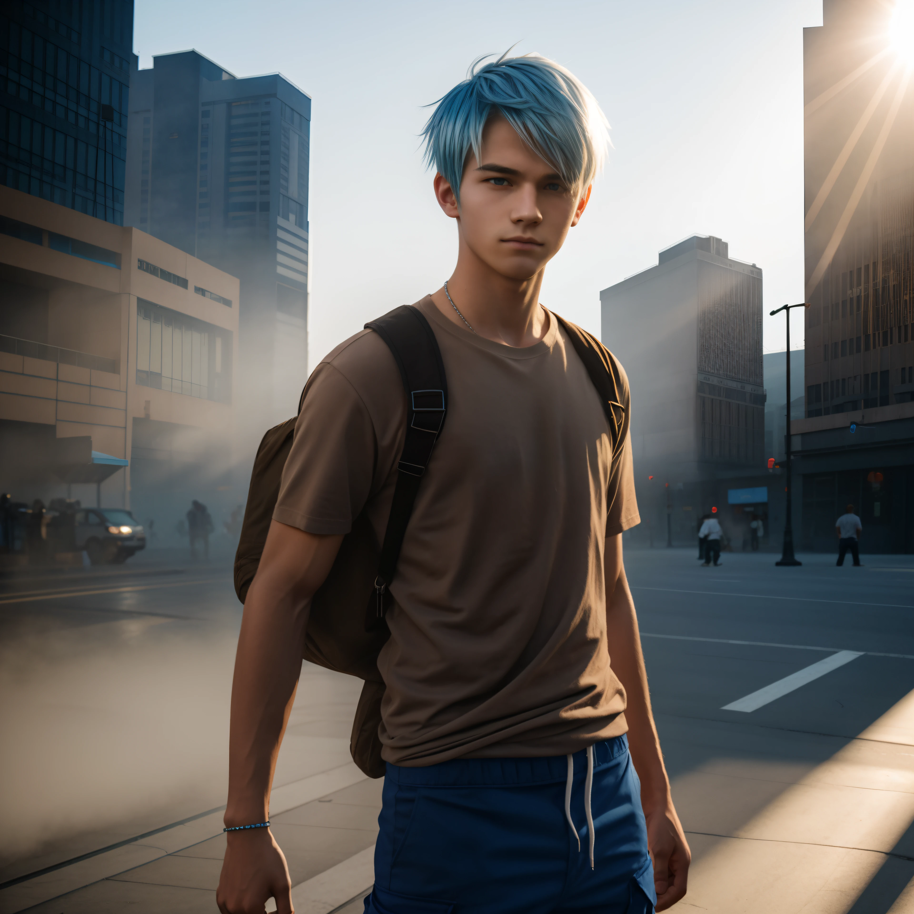 Teen male posing, skinny body, city, atmospheric, cute masculine square face, blue white hair, dead inside, brown shirt, cargo pants, dense fog, blur, bokeh, sun rays