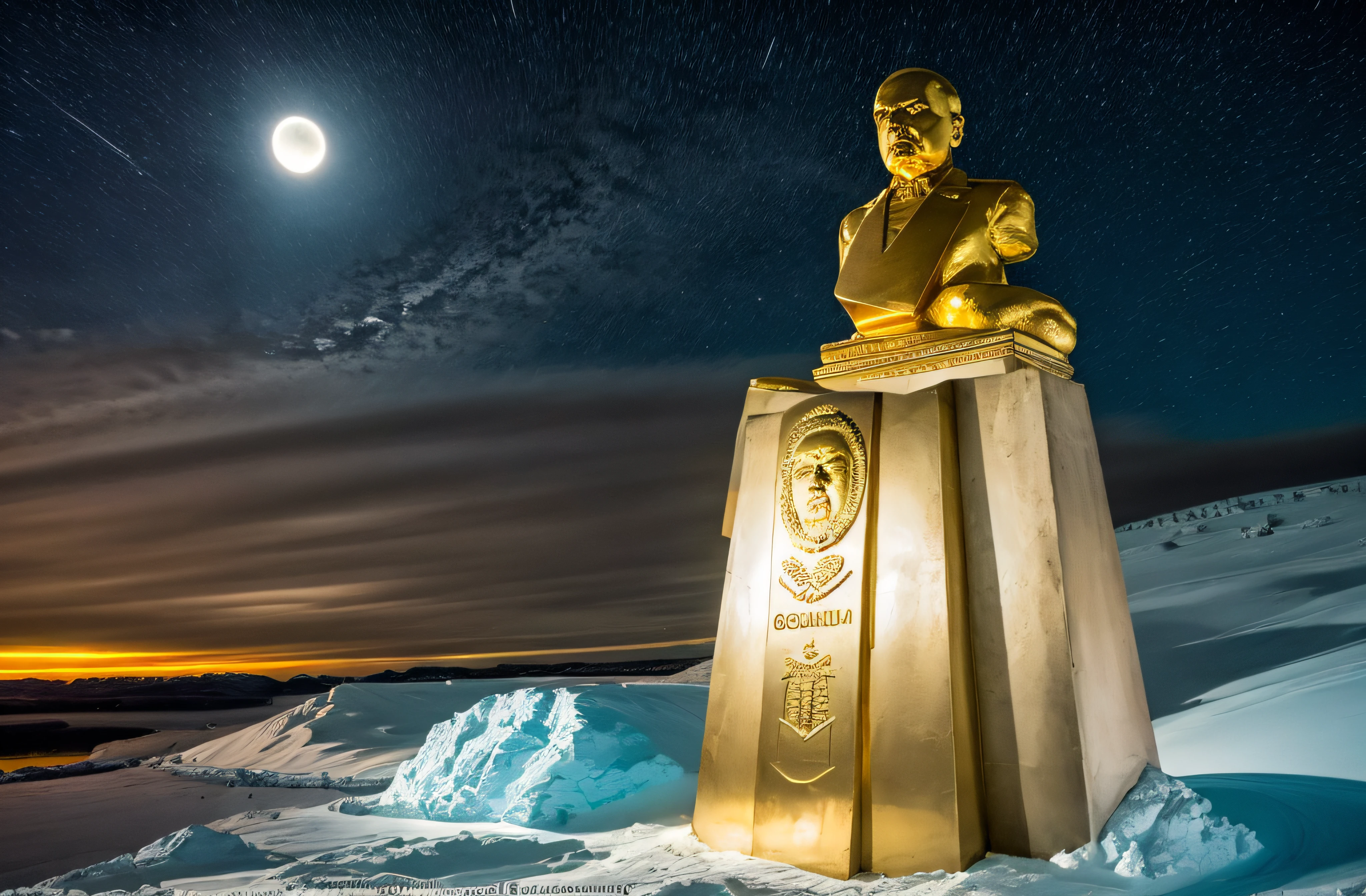 lenin's statue made of solid 24 carat gold, glistening in the polar moonlight