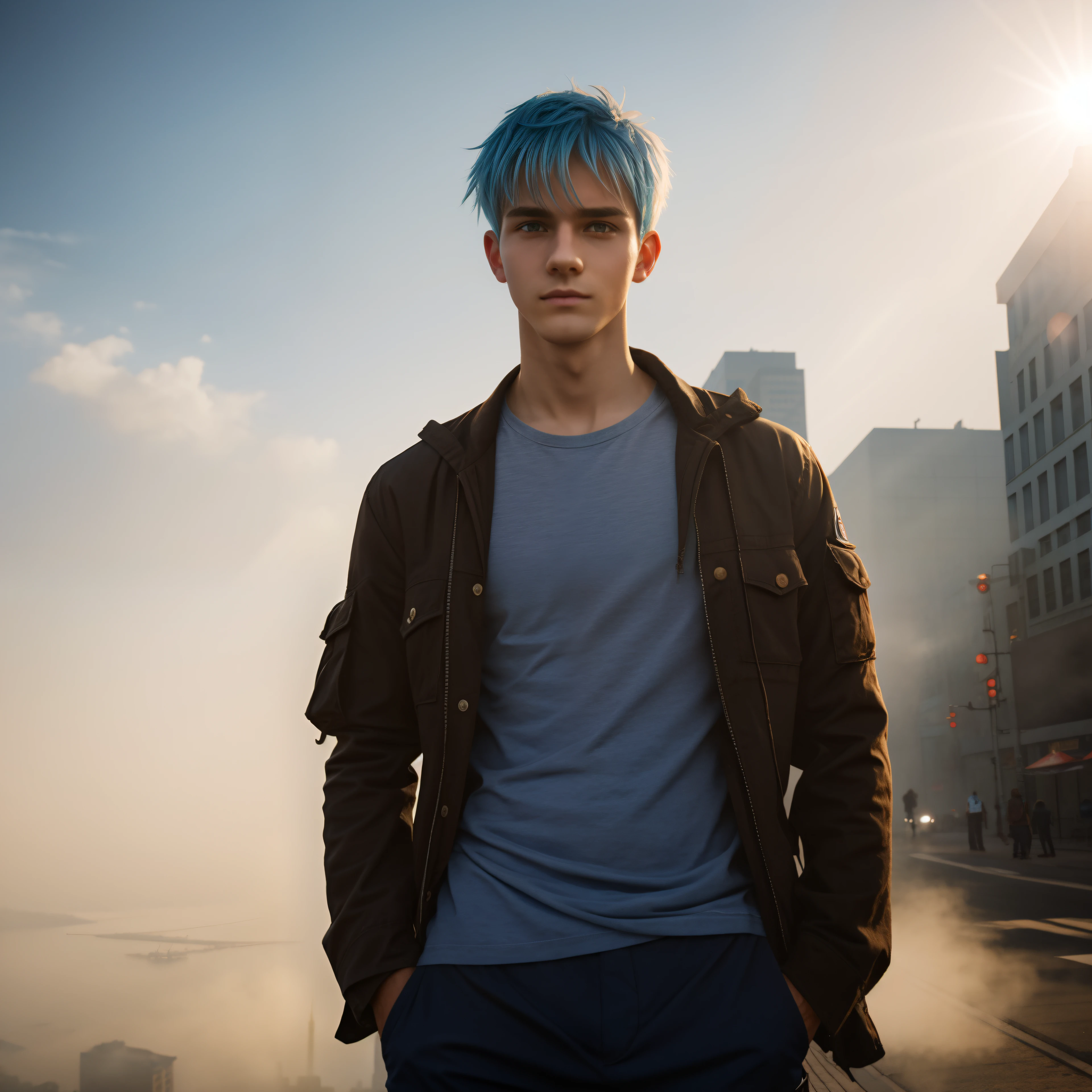 Teen male posing, skinny body, city, atmospheric, cute masculine square face, blue white hair, dead inside, brown shirt, cargo pants, dense fog, blur, bokeh, sun rays