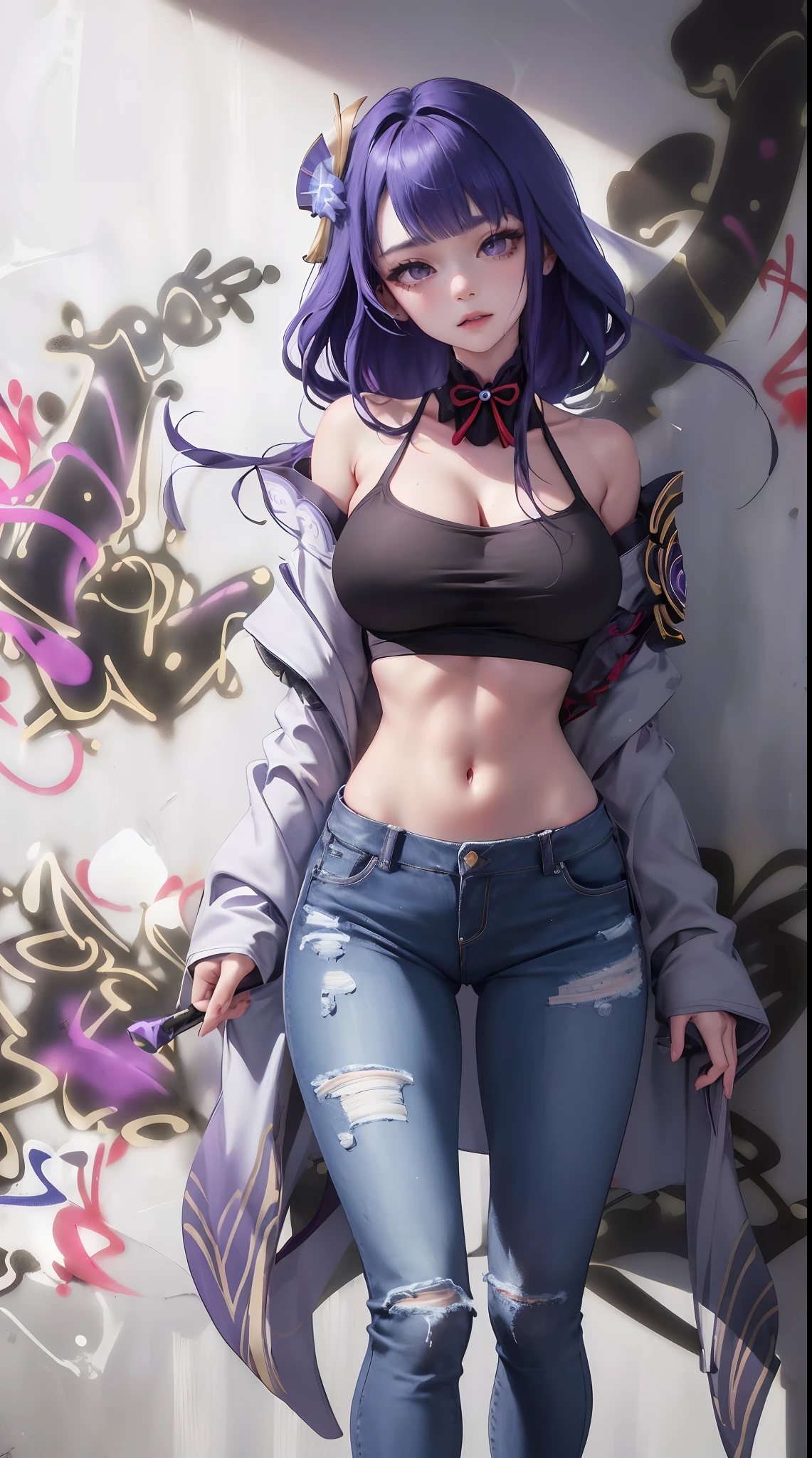 Shogun Raiden|genshin impact, master-piece, bestquality, 1girls,25 years old, proportional body, elongated legs, Beautiful, proportional., crop top, Long Jeans, mediuml breasts, ,bara, crop top, choker, (Graffiti:1.5), Splash with purple lightning pattern., arm behind back, against wall, View viewers from the front., Thigh strap, Head tilt, bored, sexy, pretty