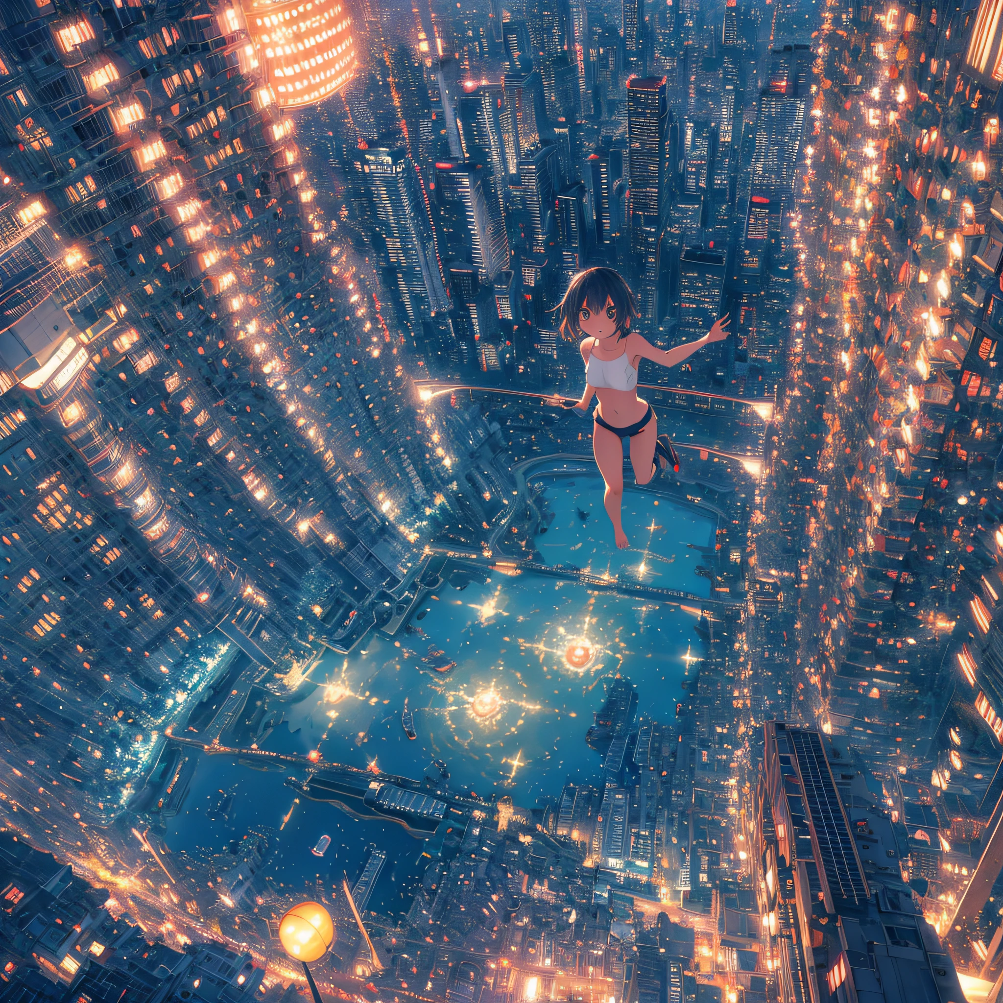 ultra detailed game CG, (High resolution:1.1),(absurderes:1.1), 1girl in, swim wears, Girl, Solo, Simple Anime, nightcity, Overlooking the night view from a height