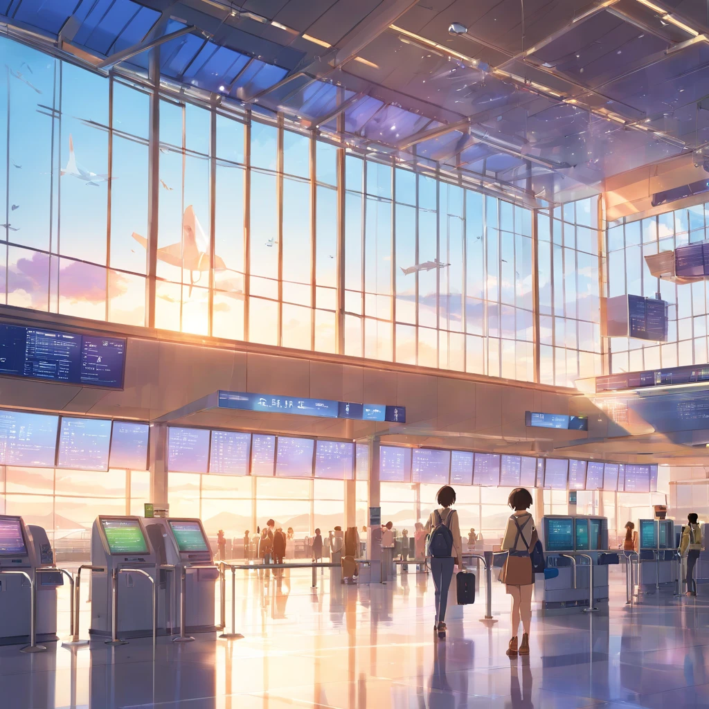 (Best Quality,8K,Masterpiece:1.2),A large panoramic window with a breathtaking view of the planes taking off and landing in the morning in the airport terminal. Sunlight gently penetrates through the glass, casting a warm and golden glow on the noisy stage. The architecture of the terminal is sleek and modern, with clean lines and a spacious layout. Colorful digital flight signage displays real-time arrivals and departures updates. The colors are vibrant, And the details are very detailed, An image of the airport terminal with stunning clarity. The image depicts realistic and photorealistic. The lighting is done skillfully, highlighting natural sunlight, pouring through the window, and also illuminates the interior spaces with a soft and inviting glow. The overall composition exudes a sense of grandeur and sophistication, immersion of the viewer in the world of travel and exploration.