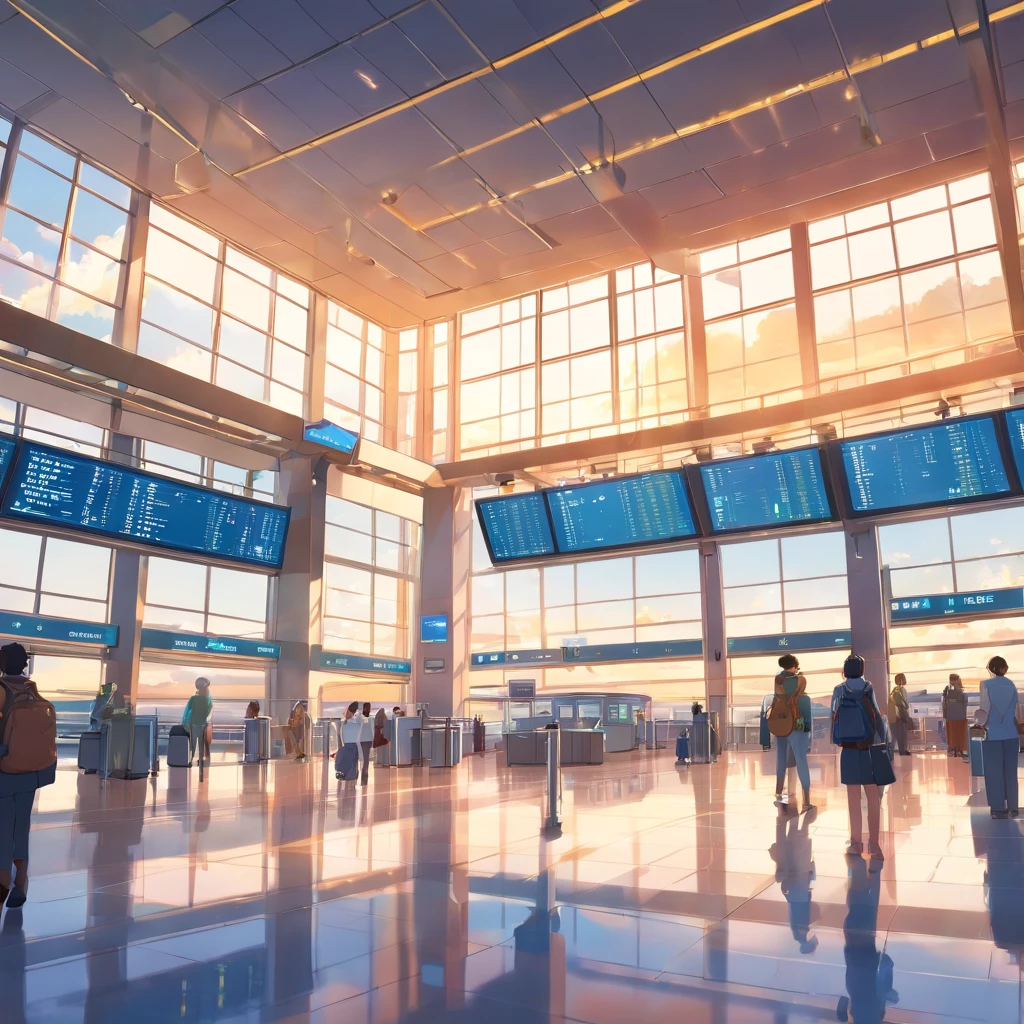(Best Quality,8K,Masterpiece:1.2),A large panoramic window with a breathtaking view of the planes taking off and landing in the morning in the airport terminal. Sunlight gently penetrates through the glass, casting a warm and golden glow on the noisy stage. The architecture of the terminal is sleek and modern, with clean lines and a spacious layout. Colorful digital flight signage displays real-time arrivals and departures updates. The colors are vibrant, And the details are very detailed, An image of the airport terminal with stunning clarity. The image depicts realistic and photorealistic. The lighting is done skillfully, highlighting natural sunlight, pouring through the window, and also illuminates the interior spaces with a soft and inviting glow. The overall composition exudes a sense of grandeur and sophistication, immersion of the viewer in the world of travel and exploration.