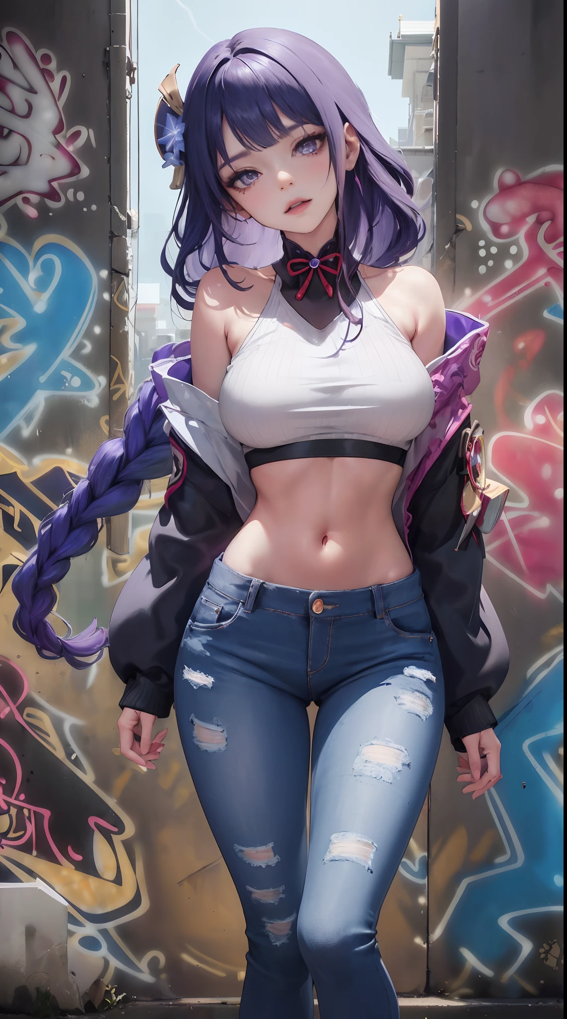 Raiden Shogun Genshin Effects Effects, master-piece, bestquality, 1girls, bara, crop top, Black long sleeve coat, shorts jeans, choker, (Graffiti:1.5), color splashes, arm behind back, against wall, looking at the audience, bracelet, Thigh strap, Head tilt, bored, multicolored hair, water eyes, headset,