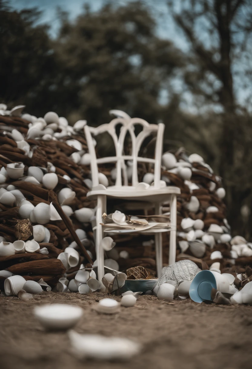 Discarded items pile up into a hill，A chair in the middle，Porcelain pattern，Photographic works，Heads-up，baiyun，blue-sky，flat bottom，Heads-up view，in a panoramic view，high detal