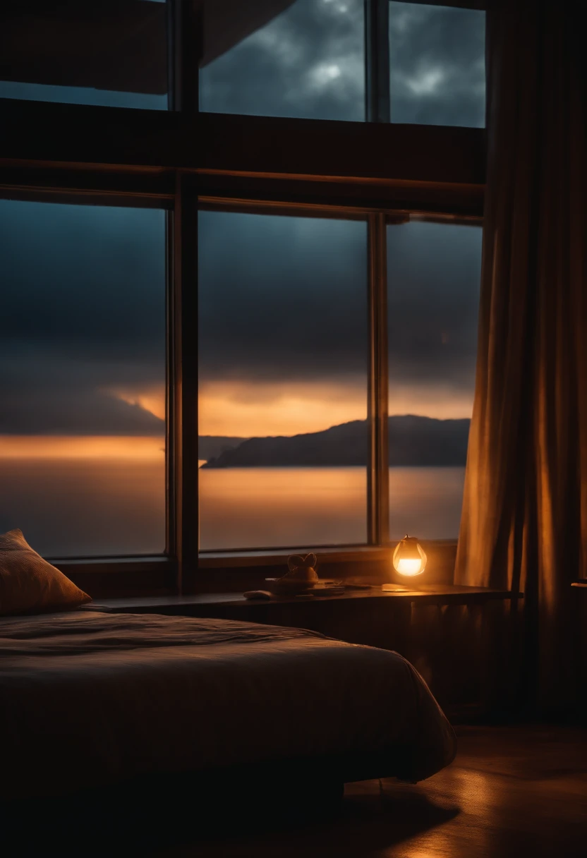 (masterpiece, bestquality),Bedroom with Ocean View,Outside the window,It's raining,Fog,Comfy bed.,Sea of clouds,warm,Evening lighting