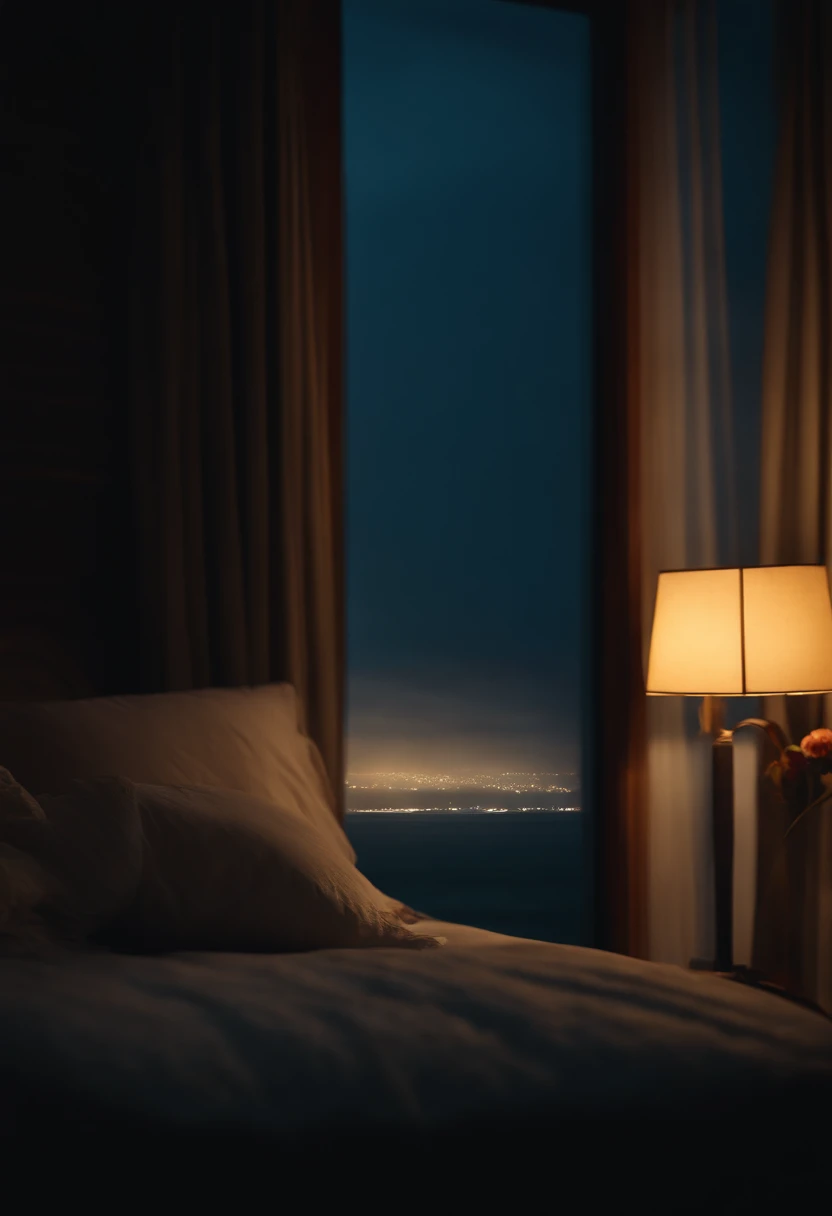(masterpiece, bestquality),Bedroom with Ocean View,Outside the window,It's raining,Fog,Comfy bed.,Sea of clouds,warm,Evening lighting