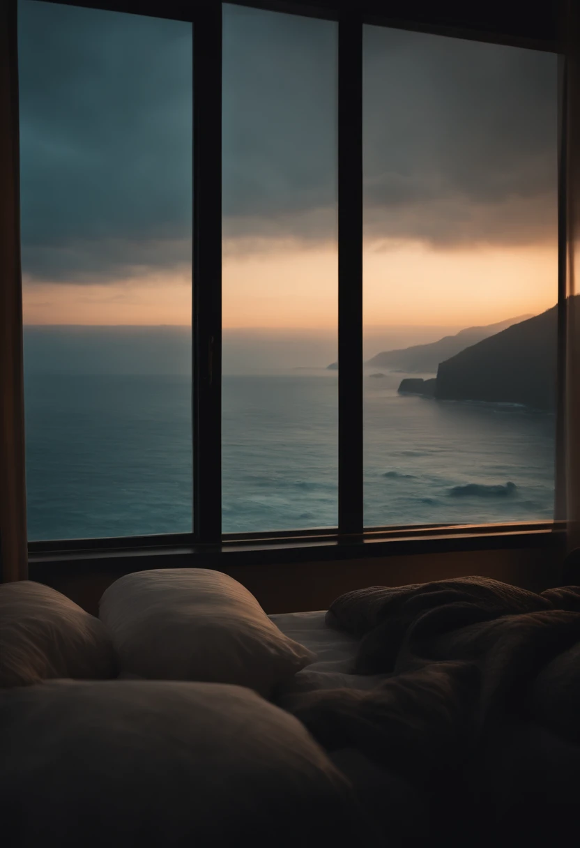 (masterpiece, bestquality),Bedroom with Ocean View,Outside the window,It's raining,Fog,Comfy bed.,Sea of clouds,warm,Evening lighting