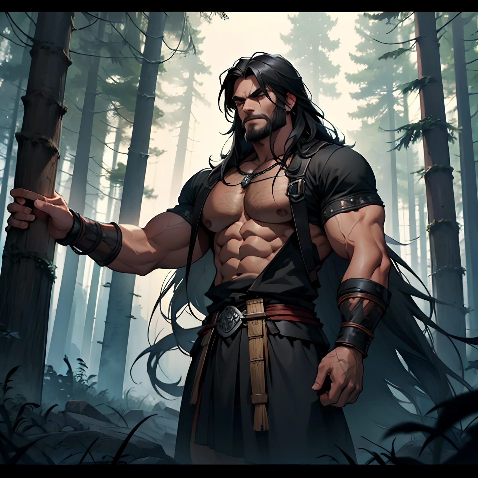 a man a wild barbarian warrior a manly hunter who has red eyes and very dark and medium brown hair at the height of his neck with his body is covered by many tribal tattoos and is muscular this big and wide man has an intimidating look is a character from a medieval RPG do it in the middle of a dark night forest with cold colors and low light and an amazing sky and Beautiful with the cosmos and the full moon, he wears a wolf's tooth earring made from a wolf's tooth put a battle suit on him a hunter's costume made of animal skin and fur