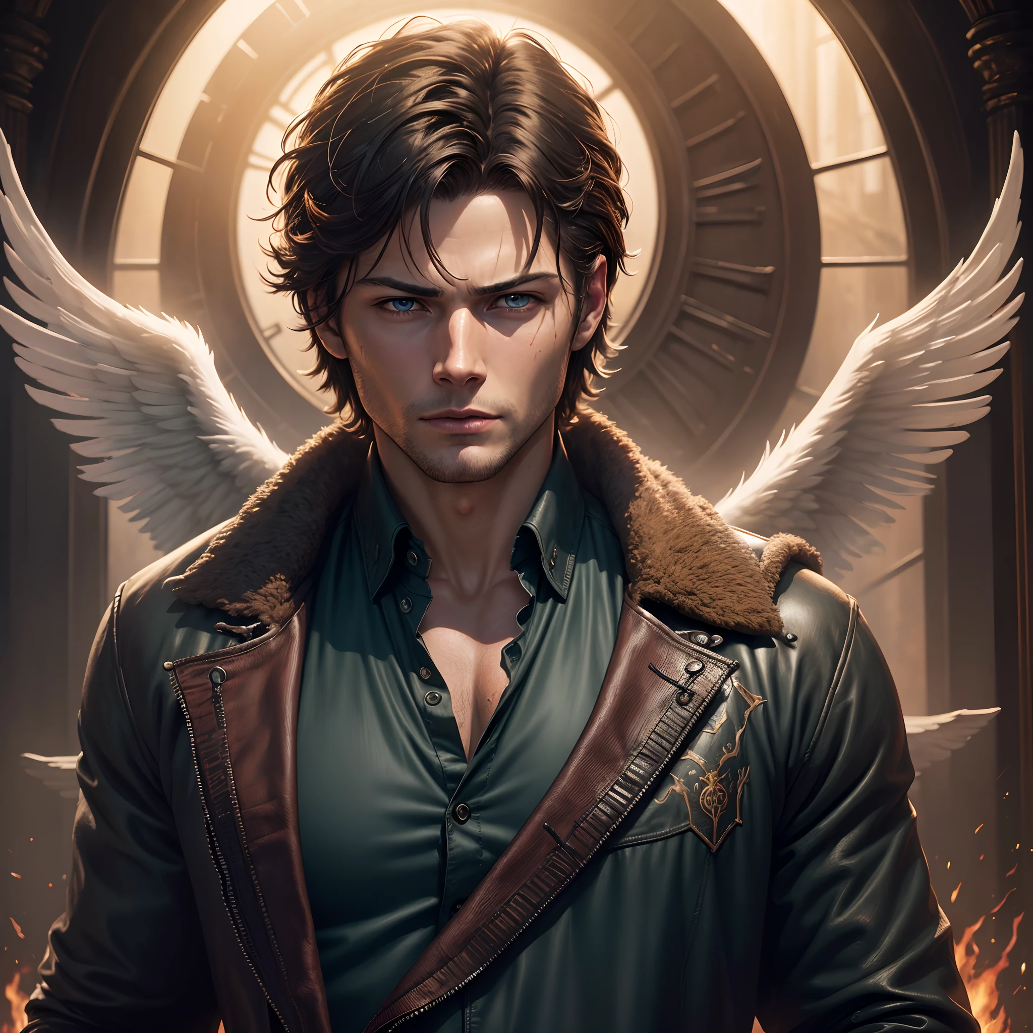 (Sci-fi fantasy), (Masterpiece), (horror) (professional oil painting) (best quality), (8k resolution), Supernatural TV series, Winchester, Dean Winchester, Jensen Ackles, Sam Winchester, Jared Padalecki, Castiel, The angel, Misha Collins, amazing poster photo, Demons, focous on face features, Angels, Arc angels