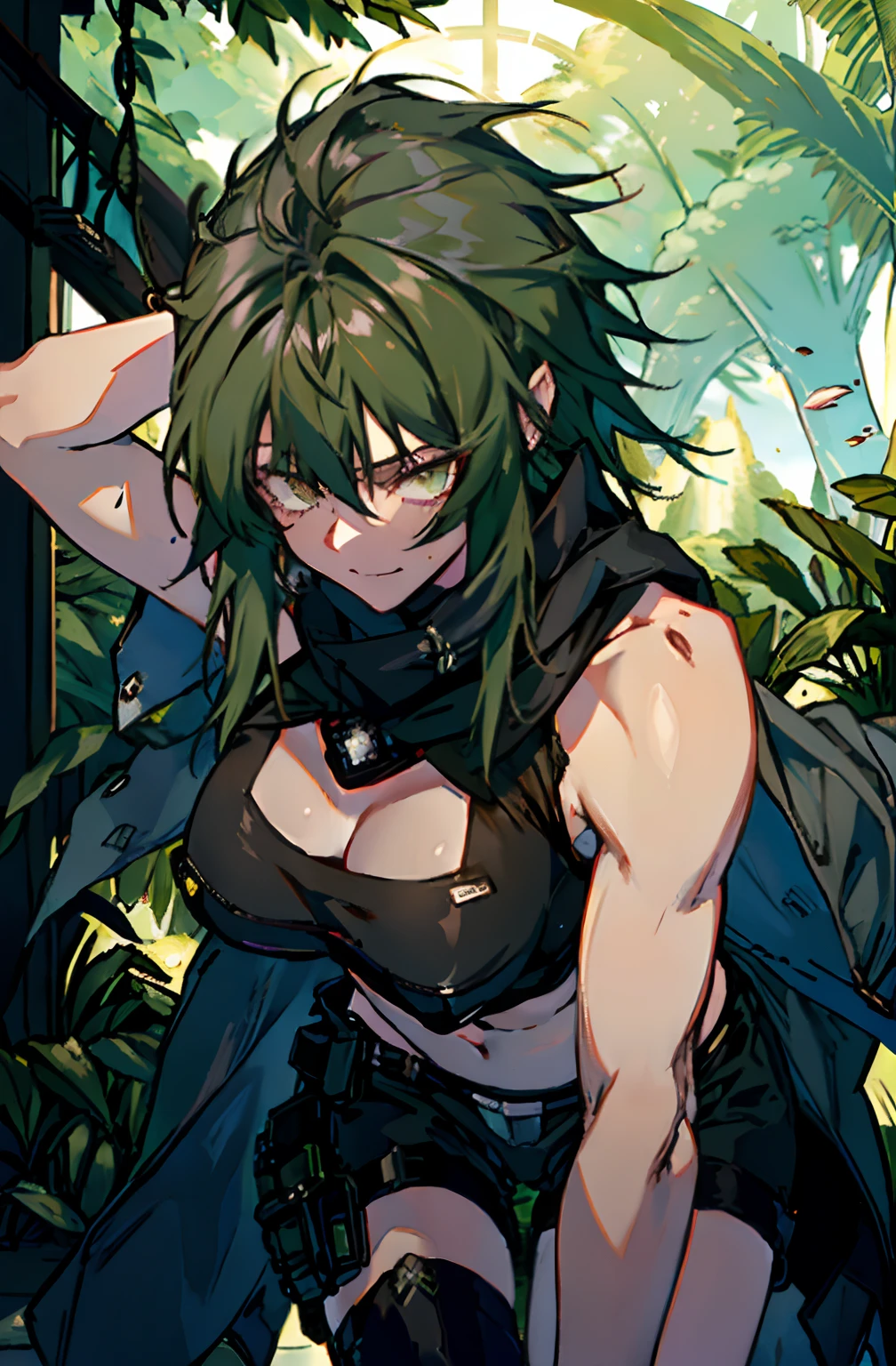 Pure sky,mechanical leg,Black mechanical legs,Plump legs,Green gem setting,Anime girl standing gracefully on the ground,Black cape and green hair, rogue anime girl, Anime girl standing, Wearing a cloak on the blasted plain, asuka suit under clothes!, Cyborg girl, badass posture, mechanic punk outfit, anime styled 3d, render of a cute 3d anime girl, gapmoe yandere grimdark, Female character,musculature,Abs,Glowing green eyes,Black hair with green gradient,short detailed hair,Bunched hair,Dull hair,(Muscle 2.0),Tomboyish,Be red in the face,looking at viewert,Elaborate Eyes,Black mechanical legs,huge tit,1.5,ssmile,Openwork black silk,Straight big breasts,strappy,Black openwork hot pants,White bandeau,Toothless smile,Lower breast,Mechanical wind,There are no cities,Side breasts,Excitation,Top crotch,Sexy lower abdomen,Camel toes,Sexy underarms,ultra gigantic tits,Raise both hands,Tie your hair backhanded,cropped shoulders,mitts