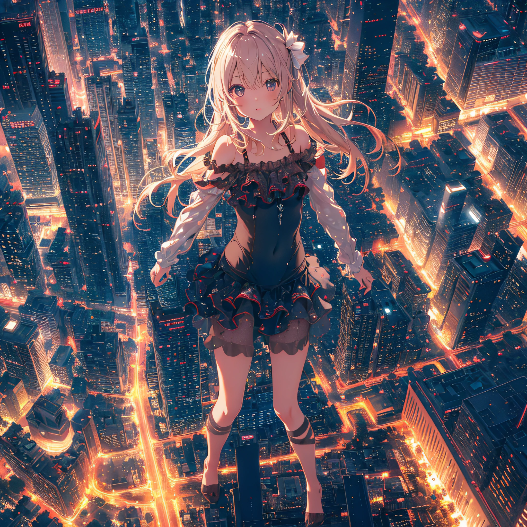 ultra detailed game CG, (High resolution:1.1),(absurderes:1.1), 1girl in, swim wears, Girl, Solo, Simple Anime, nightcity, Overlooking the night view from a height