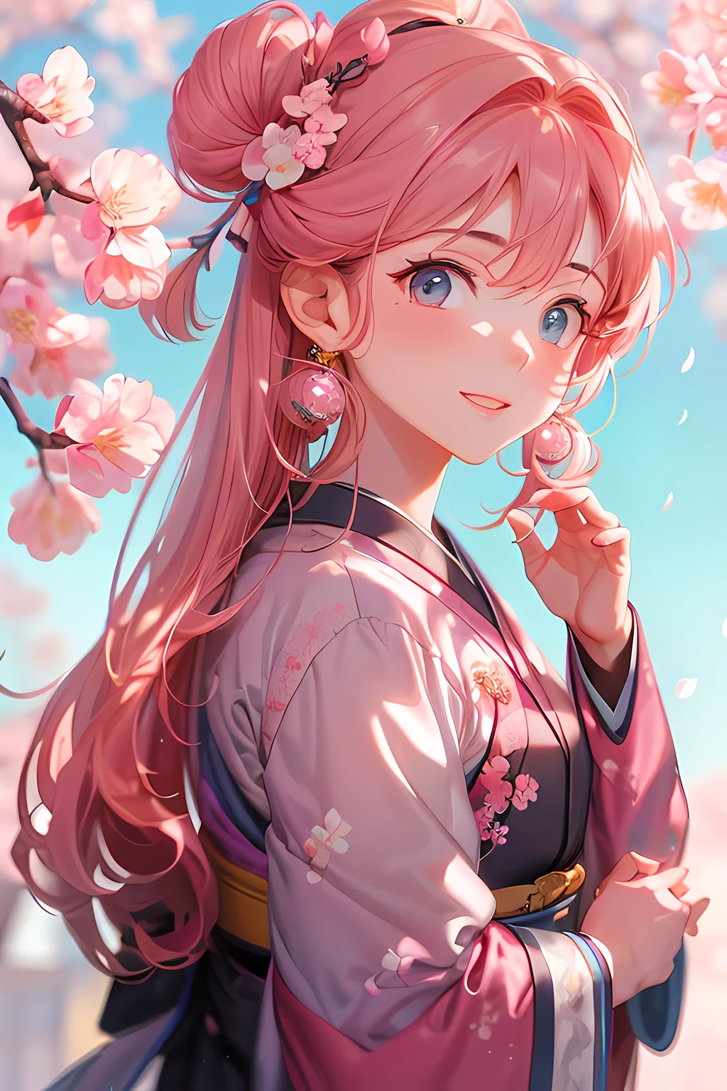 (Masterpiece, Best quality:1.2), angle of view, solofocus, Upper body, 1girll, hand on another's cheek, Smile, Pink hair, Blue eyes, Japanese clothes, komono, Cherry blossom trees