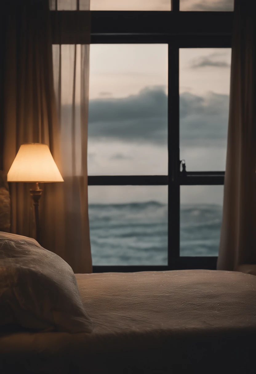 (masterpiece, bestquality),Bedroom with Ocean View,Outside the window,It's raining,Fog,Comfy bed.,Sea of clouds,warm